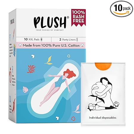 Plush Ultra-Thin Sanitary Pads For Women, 10 XXL Natural Cotton Sanitary Napkins | Super Absorbent 10 Heavy Flow XXL + 2 Panty Liners For Rash Free Periods | Pure U.S. Cotton Pads With Disposable Pouch