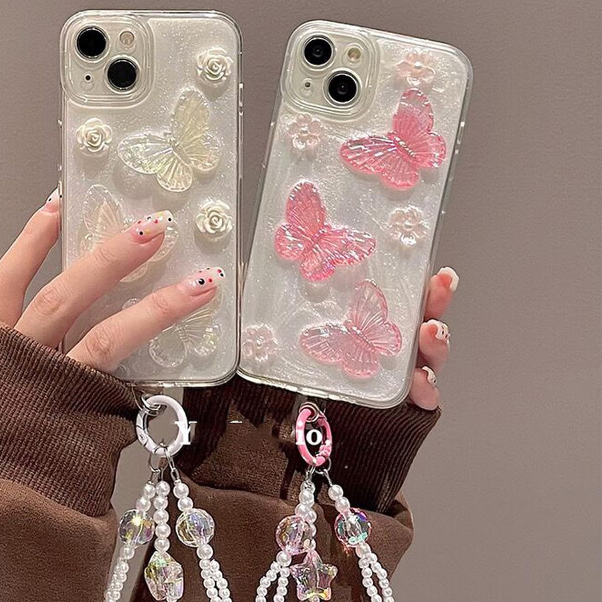 Changjia Funda protectora para iPhone con diseño de mariposa con purpurina en 3D, con perlas de cristal y correa para la muñeca, estética, suave, TPU, para mujeres y niñas (rosa)