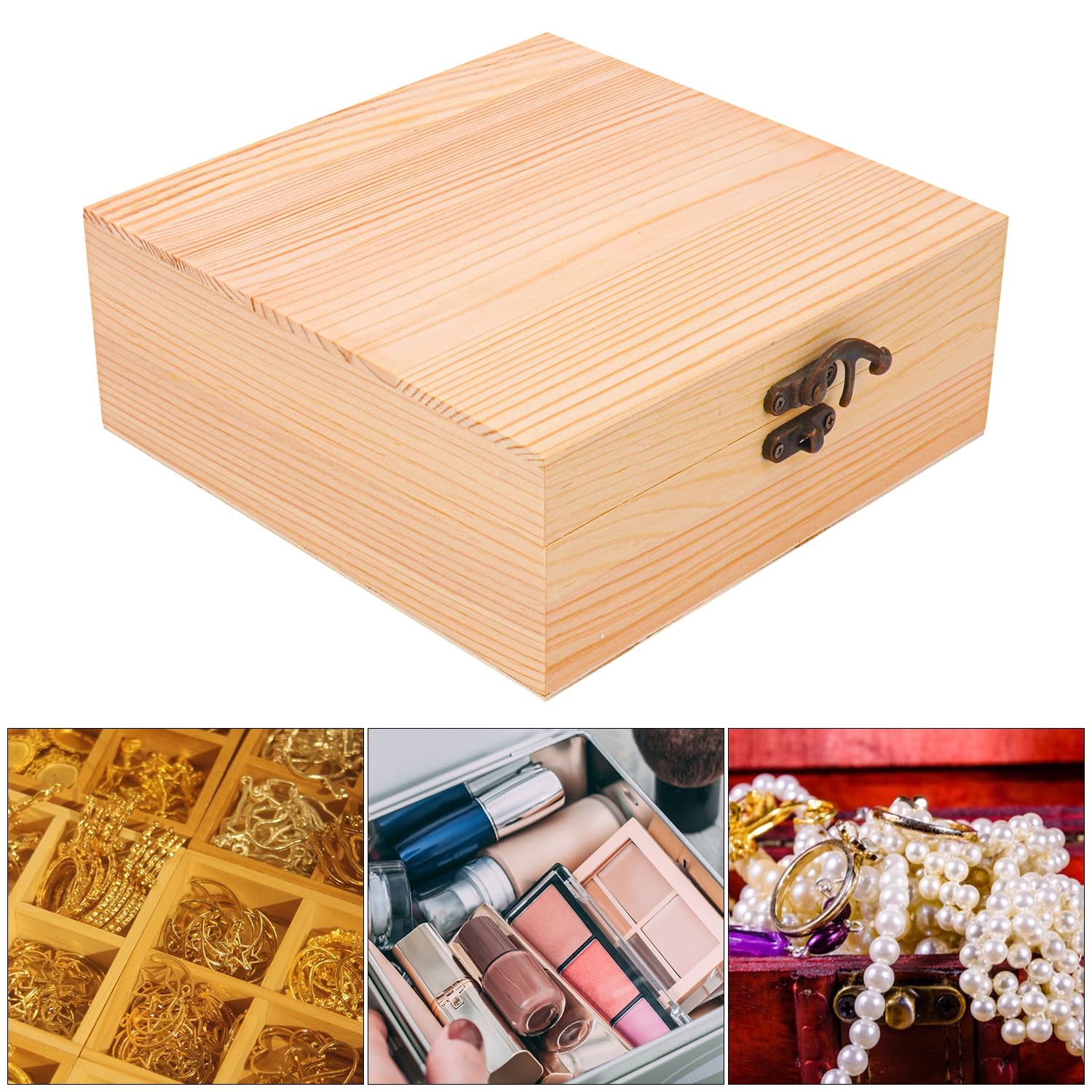 Paquete de 6 cajas de madera sin terminar sin pintar, caja lisa de pino para manualidades, caja de madera con tapa con bisagras para bricolaje, fines decorativos (7.1 x 7.1 x 2.75 pulgadas)