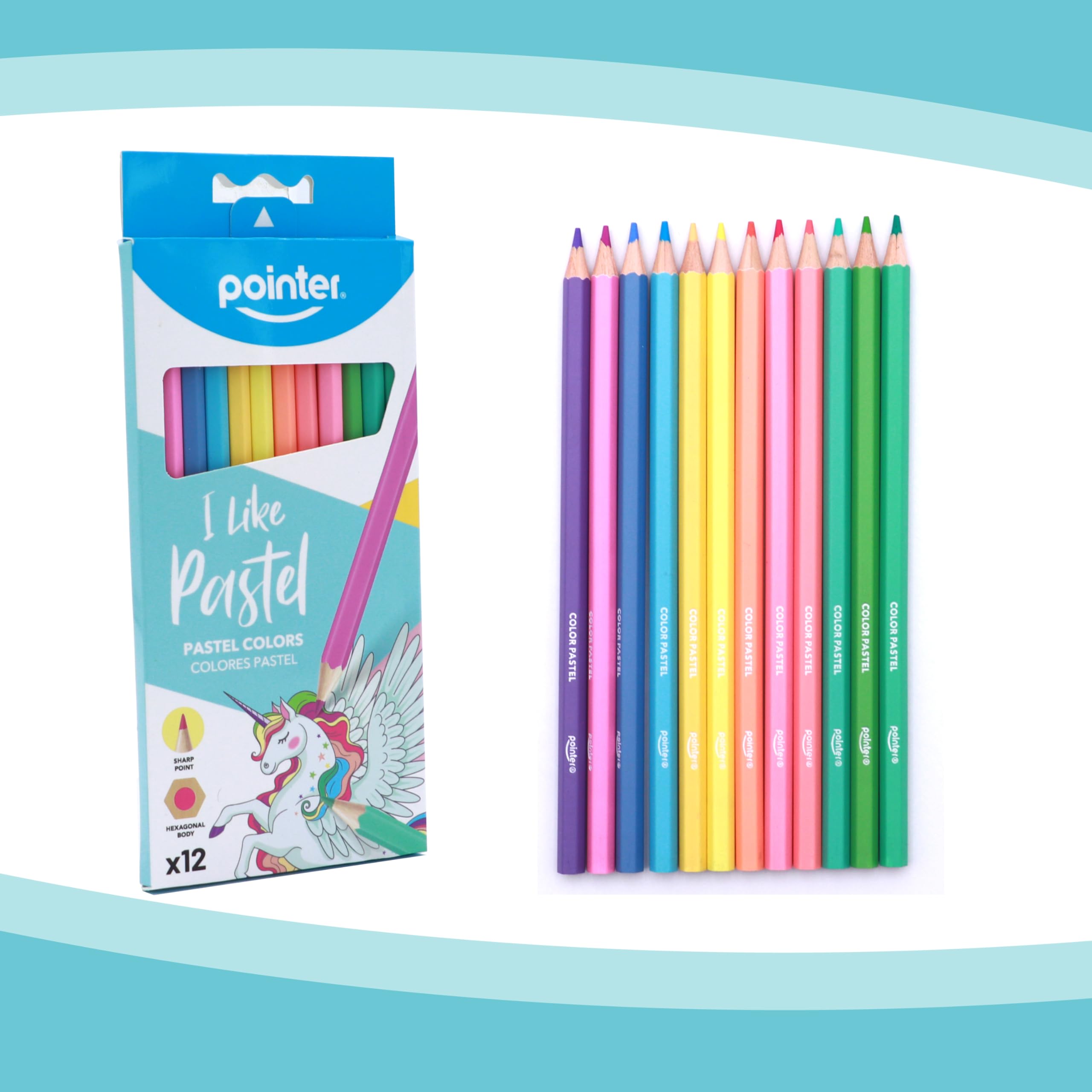 Pointer I Like Pastellfarbstifte, 12 Stück, vorgespitzt, sechseckiger Körper, weiche Pastelltöne, Schul- und Kunstbedarf