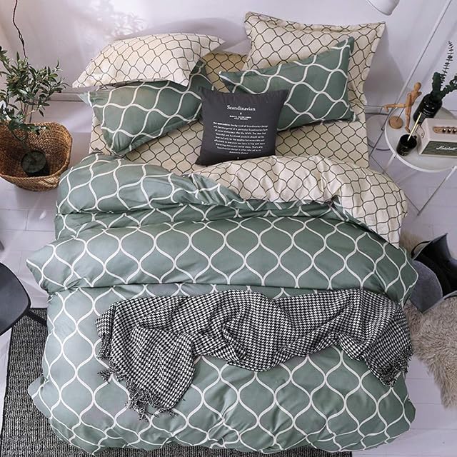 Qucover Geometric Bedding Double Bed 3-Piece Reversible Grey and Green Double Duvet Covers 200x200 cm with Zipper Closure and 2 Pillowcase