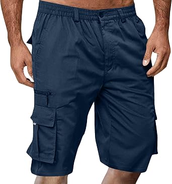 Cargo Shorts for Men Summer Casual Stretch Waist Tactical Shorts Knee Length Hiking Shorts with Zipper Pockets