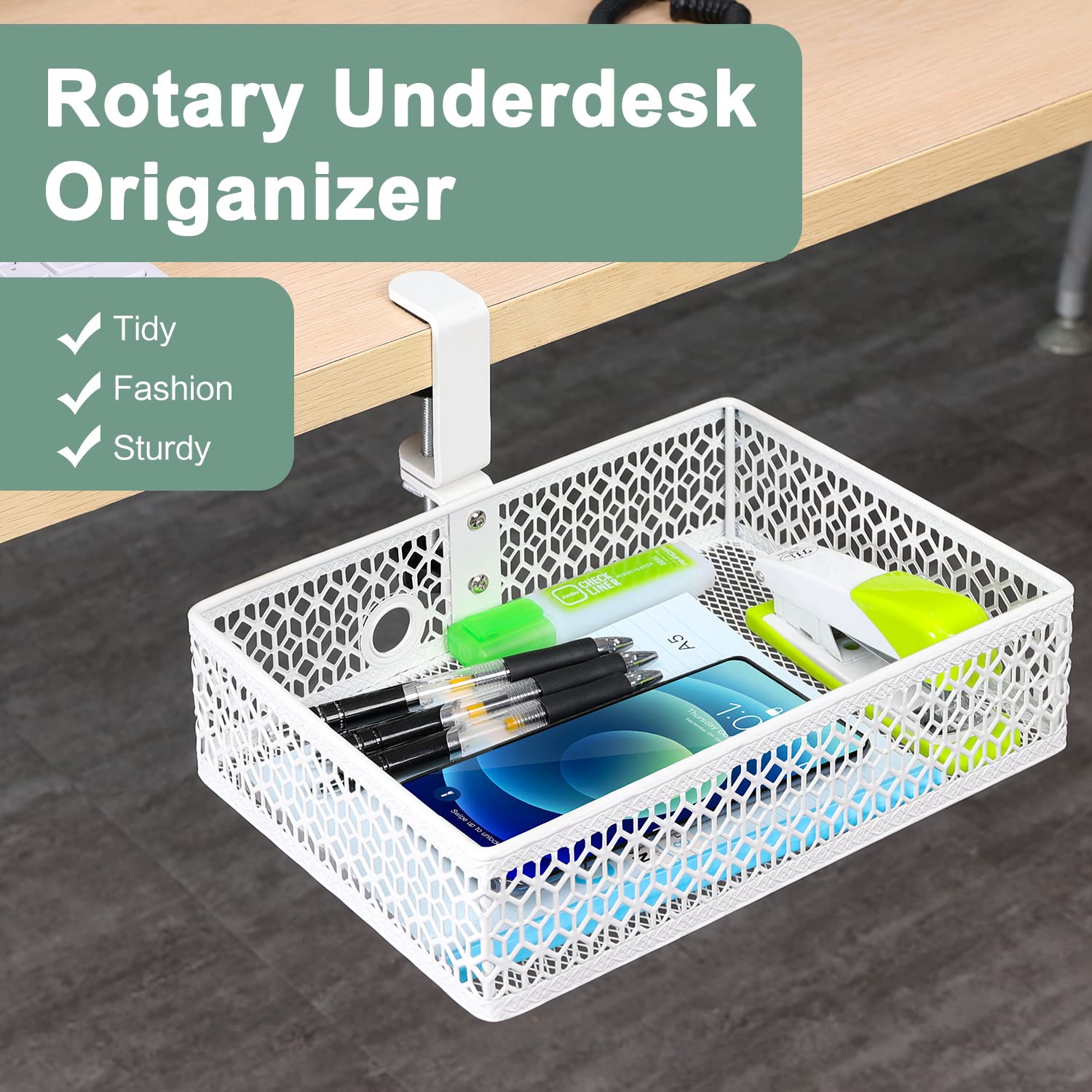 ROSLINE Clamp-on Drawer Basket, Under Desk Storage Organizer, Hanging Tray, Suitable for Multiple Scenes (white)