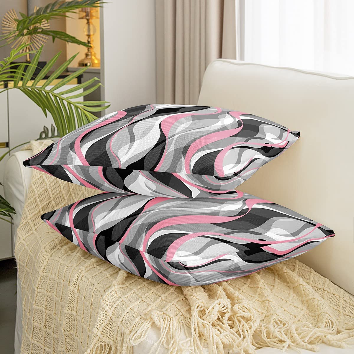 Loussiesd Pink Grey Black Stripes Reversible Throw Pillow Covers Kids Geometric Pillow Covers Home Decor for Square Cushion Covers Set of 2 Modern Striped Art Abstract Art 18x18 Inch - Image 3