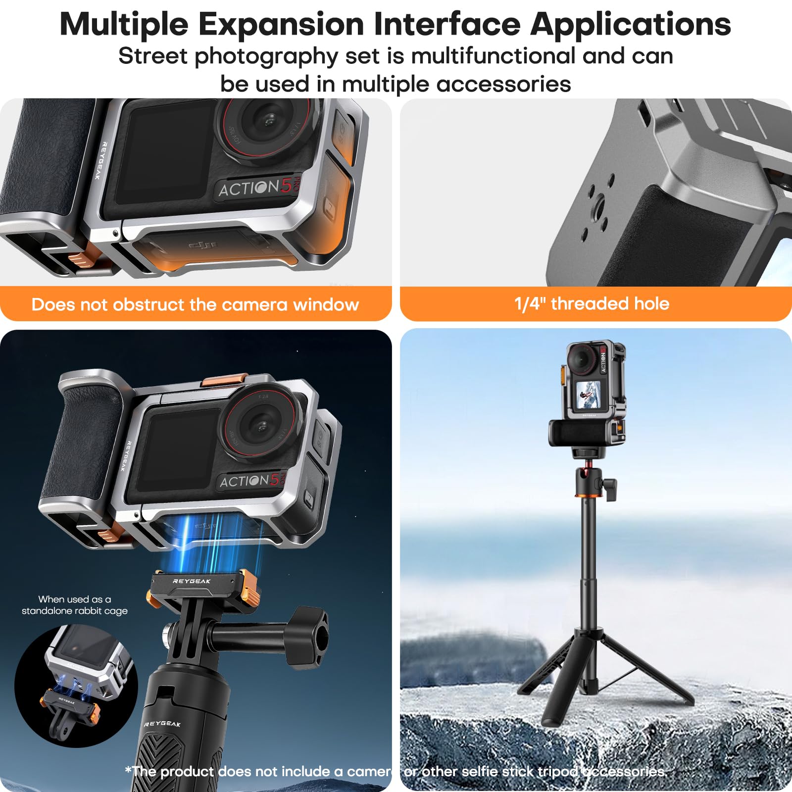 REYGEAK Uchwyt magnetyczny do kamery ulicznej do DJI Osmo Action 5 Pro/Action 4/Action 3, w całości z aluminium CNC rzeźbiony zestaw uchwytów do Osmo Action (tytanowy szary + pomarańczowy)