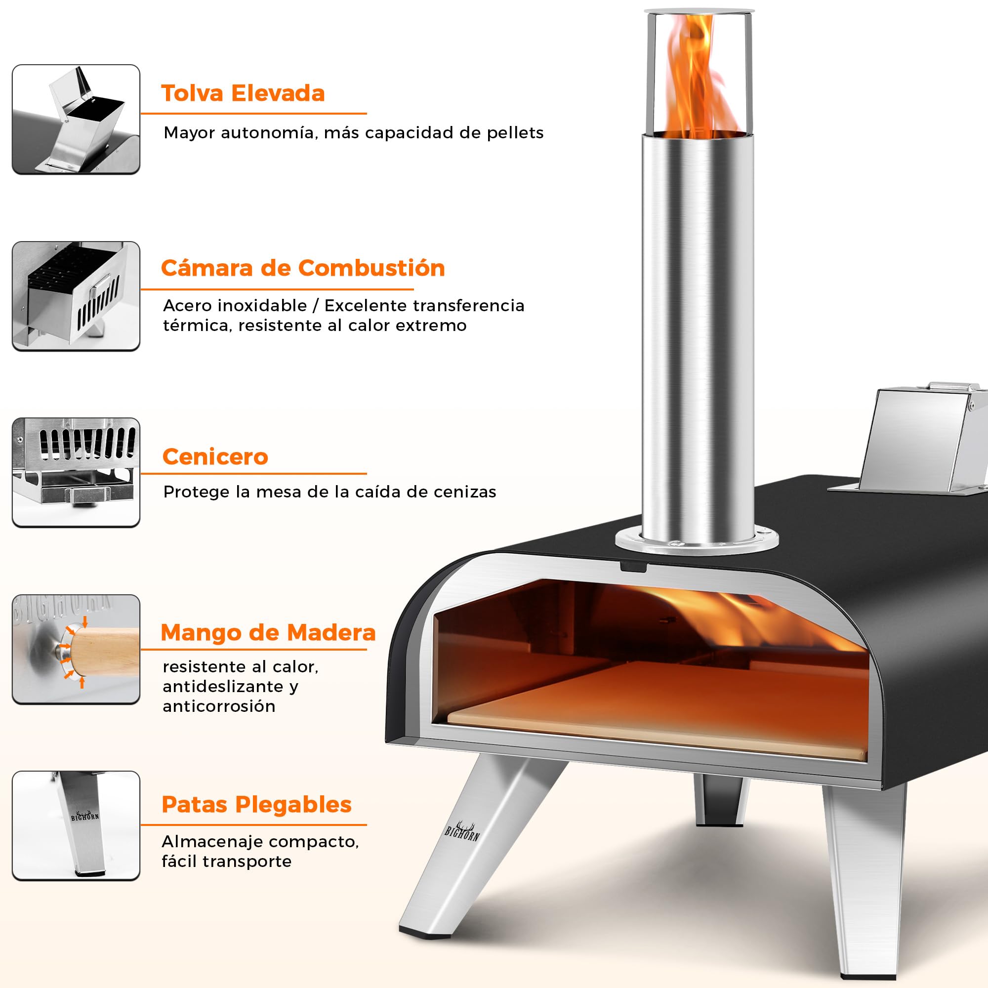 BIG HORN OUTDOORS Horno de Pizza a Pellets de Madera para Exteriores, 12 Pulgadas con Piedra de Horneado, Portátil para Patio, Camping y Fiestas, Negro