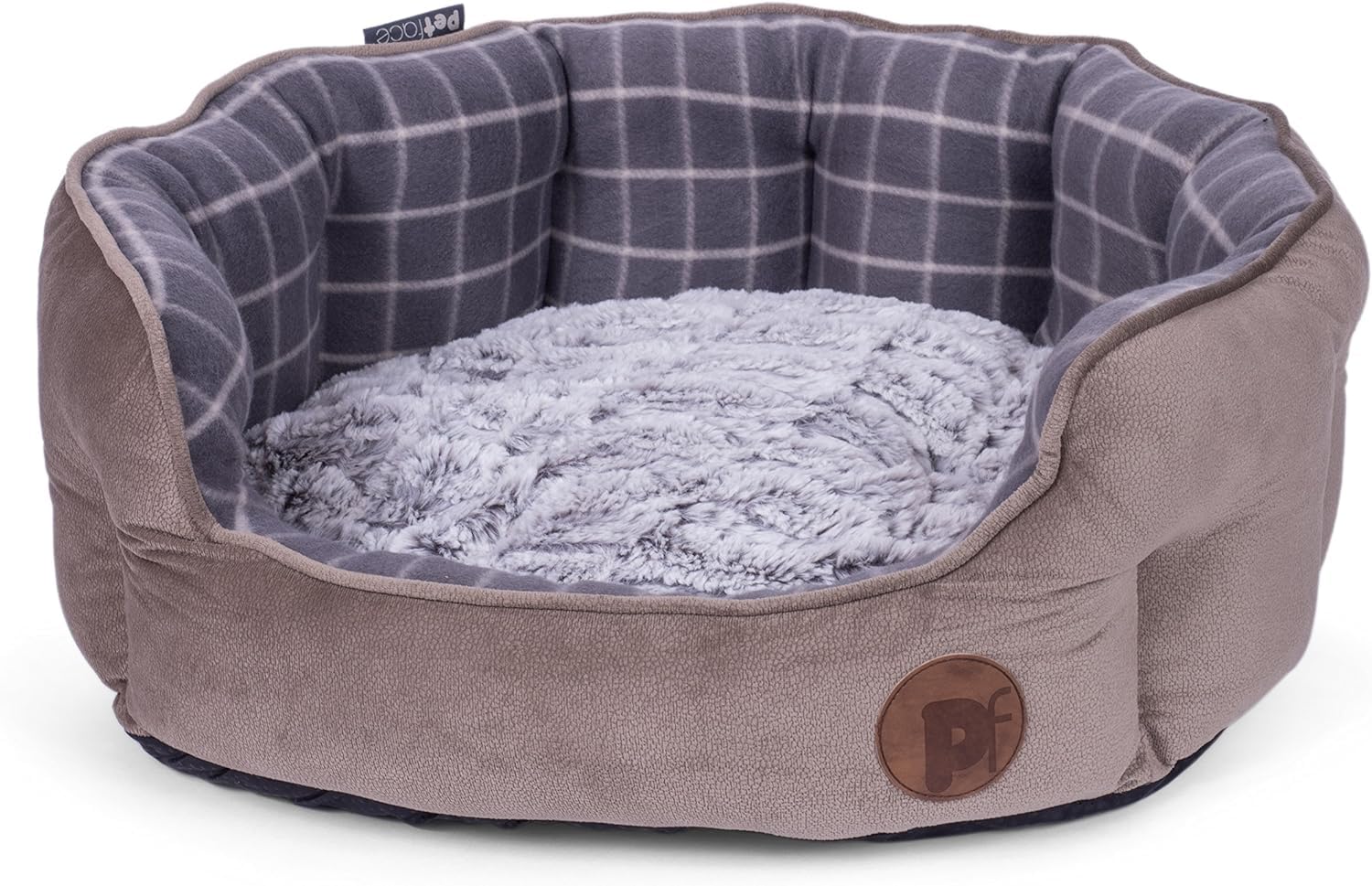 Petface Dog Bed Oval Soft Comfy Luxury Grey Check Bamboo Anti Slip Small 60x52cm