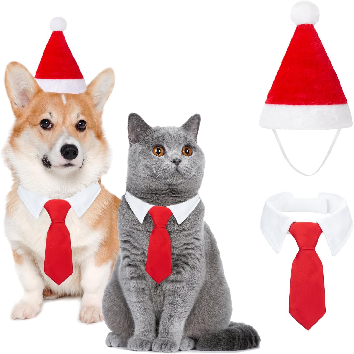MELLIEX 2 Pcs Pet Christmas Outfit, Christmas Dog Cat Santa Hat and Tie Set Adjustable Pet Costumes Cosplay Accessory（Small)