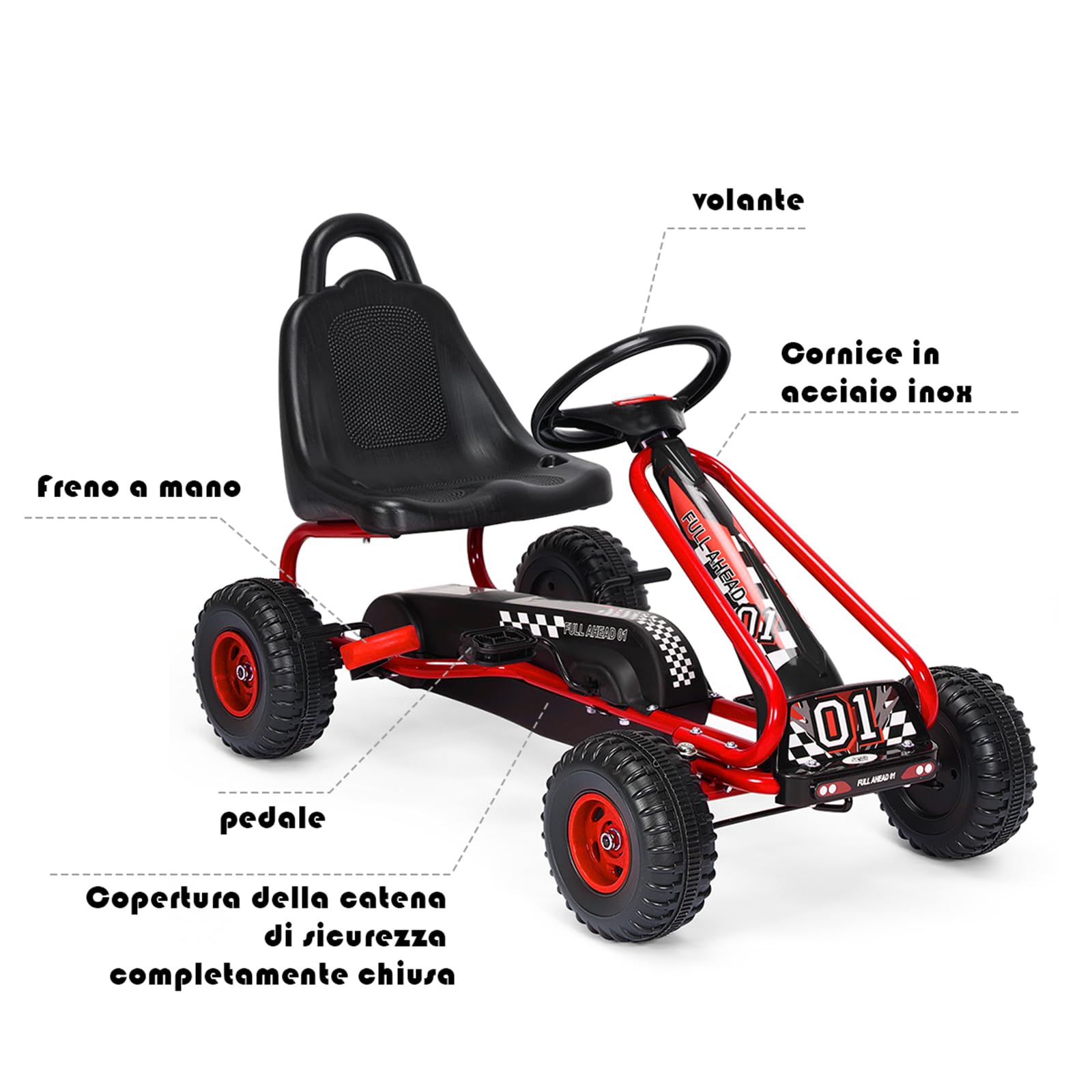 COSTWAY Go Kart a Pedali per Bambini, Veicolo con Sedile Regolabile e Freno a Mano, Portata 30 kg Rosso