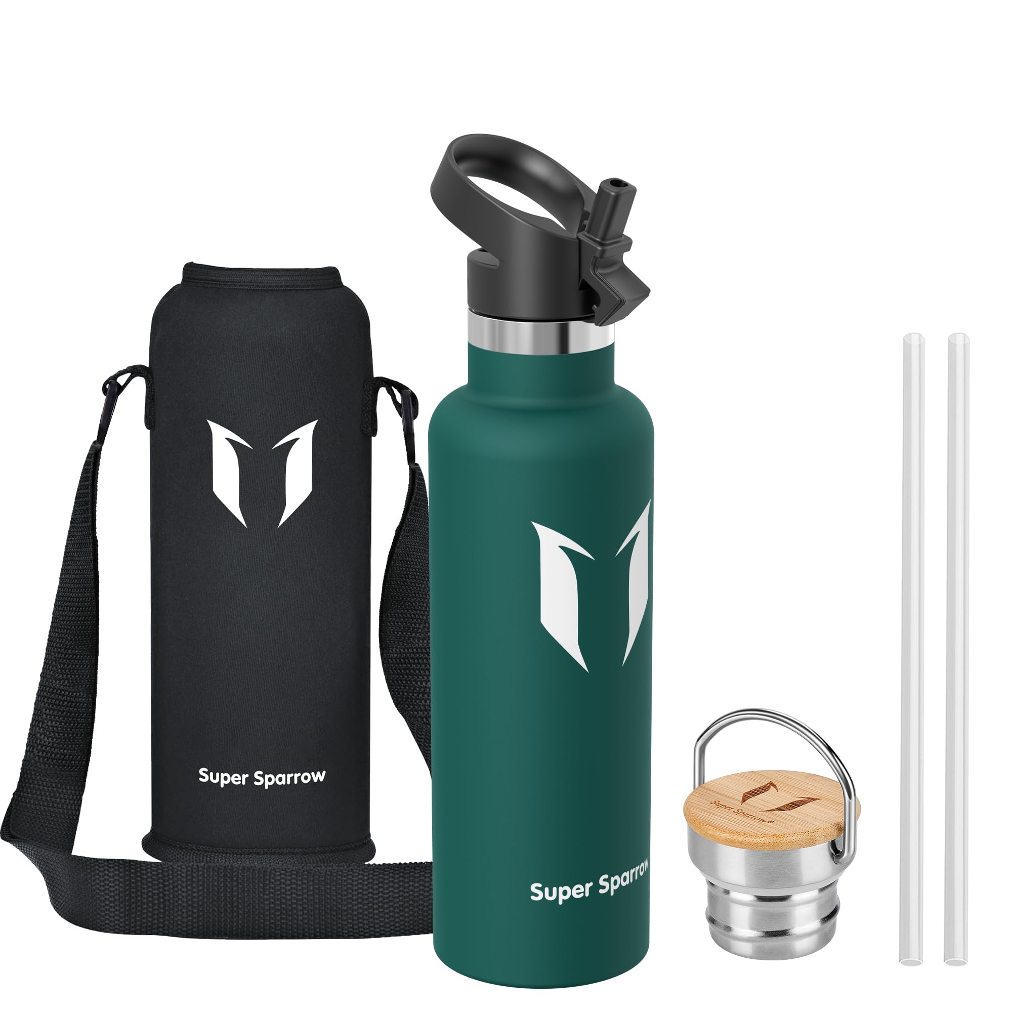 Super Sparrow Trinkflasche Edelstahl - 500ml/750ml/1L - Auslaufsicher Thermoskanne, BPA-Frei Wasserflasche - Thermosflasche Kinder für Sprudel, Sport, Schule, Fitness - Mit 2 Deckeln