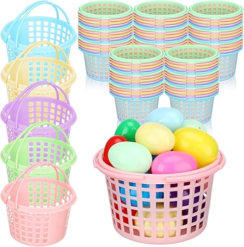 DoubleFill 60 cestas de Pascua de plástico pastel a granel, pequeñas cestas de plástico coloridas con asas, cesta de Pascua redonda para caza de disponible en Yaxa Venezuela