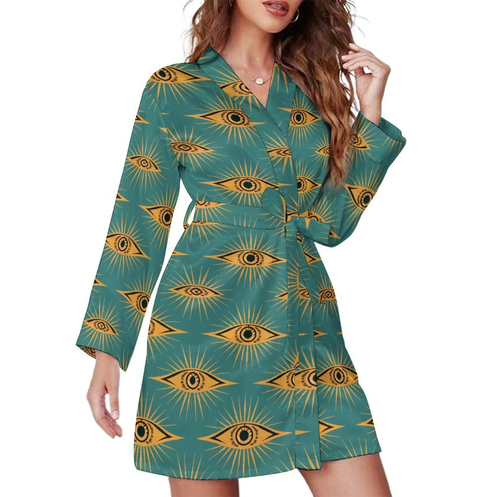 peiyeety Green Evil Eye Moon Printed Women's Loungewear Soft V-Neck Nightgown Bathrobe Sleepwear