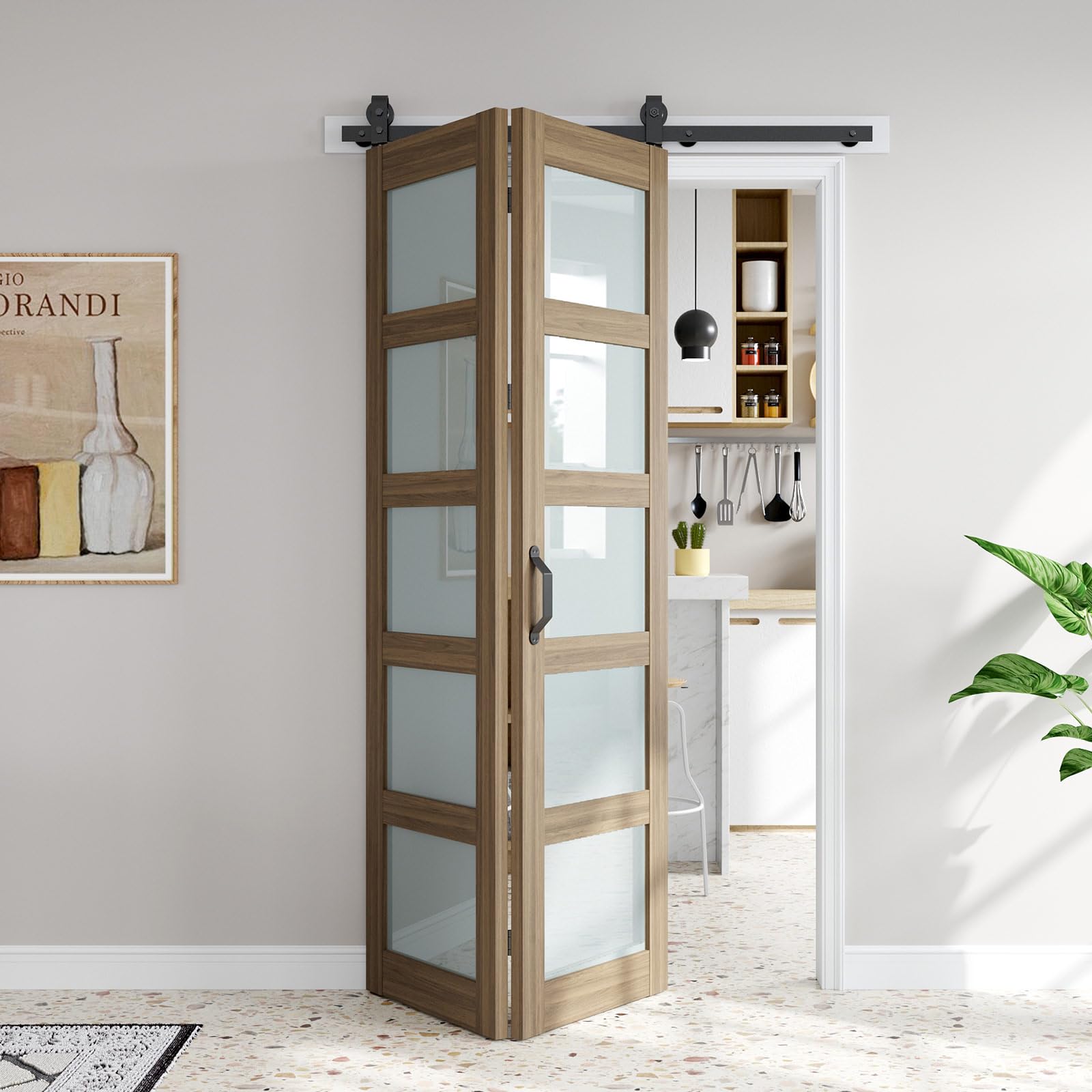 Photo 1 of FREDBECK Bifold Barn Doors 42X84(Double 21x84) with 5 Panels Frosted Glass Brown,Fit for 36in-42in Opening