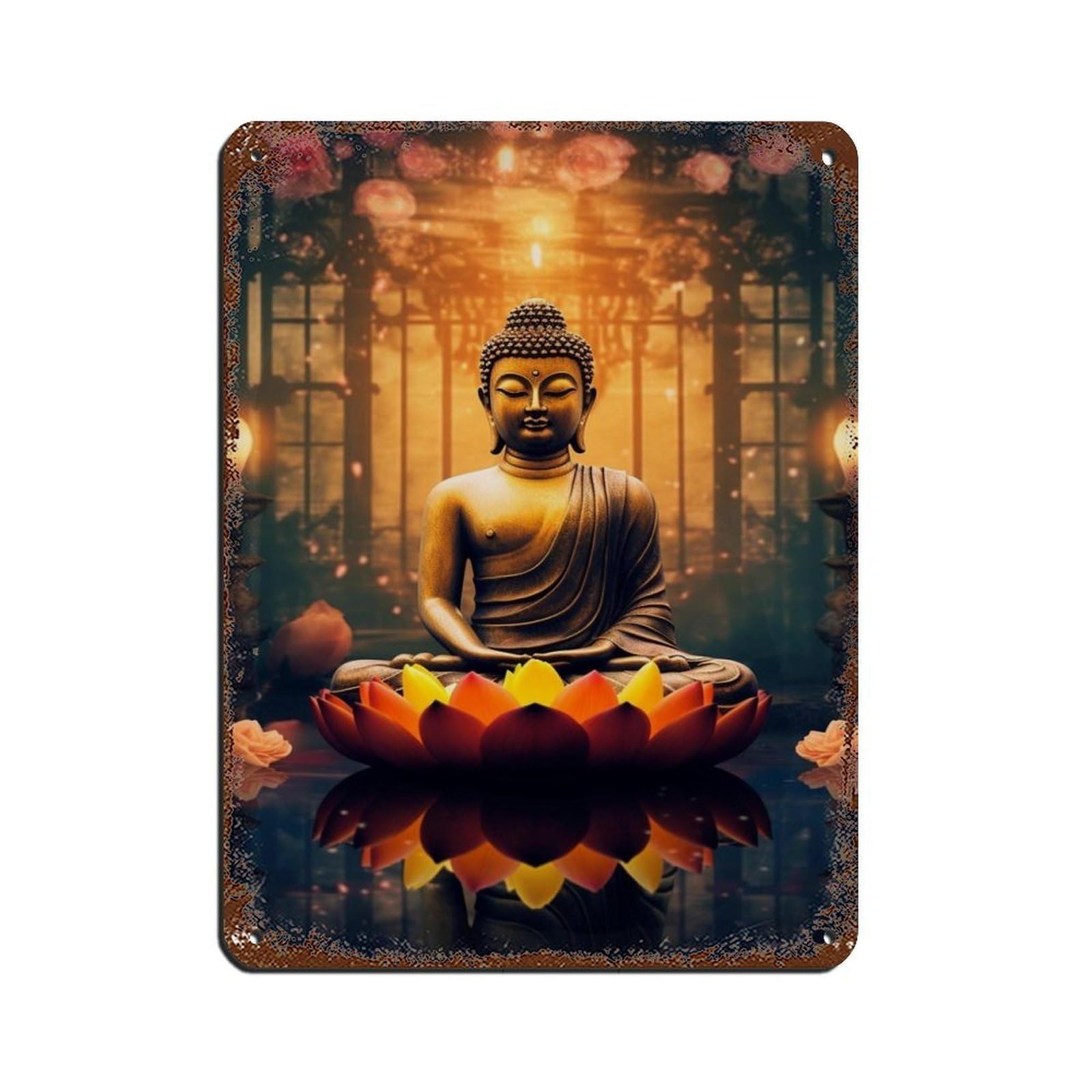 Hindu Art, Buddha Flowers Art Tin Sign Vintage Metal Pub Club Cafe Bar Home Wall Art Decoration Poster Retro 12x16inch(30x40cm)