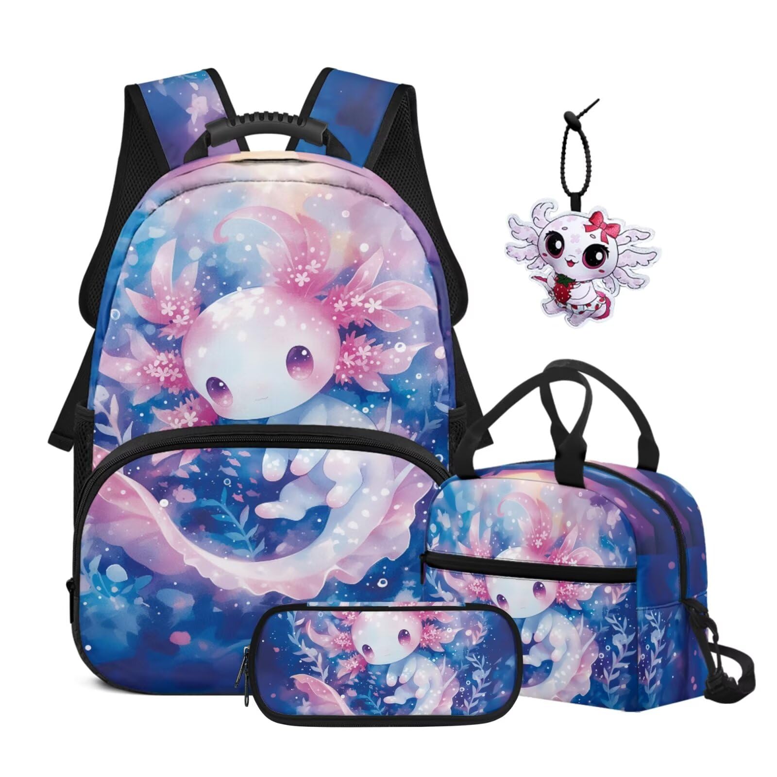 Juego de mochila escolar de 4 piezas con fiambrera, estuche y colgante para bolsa, para niños, adolescentes, escuela primaria y secundaria, Flores de ajolote rosa, moderno