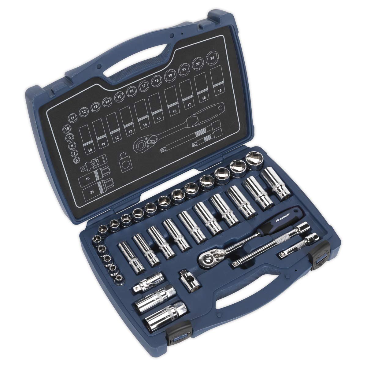 Metric Socket Set 34pc 3/8""D 6pt WallDrive Standard And Deep Sealey AK8991