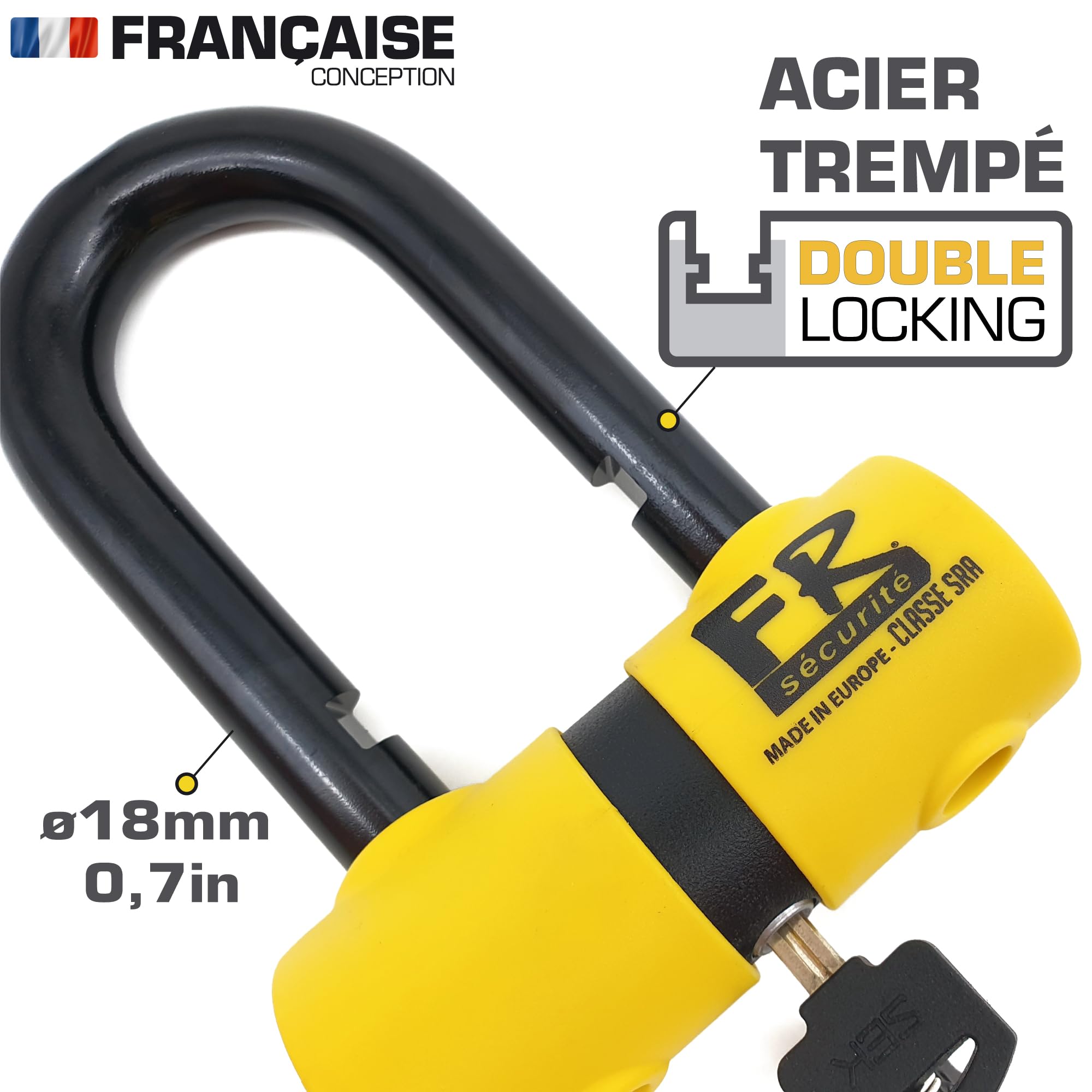 FR SECURITE FR50 Candado Moto Disco Mini U Homologado SRA, Arco ø18mm de Acero Templado, Doble Cierre, Cerradura Alta Seguridad Antiganzúa, Cable Recordatorio, Bloqueo Antirrobo Cepo Disco Freno