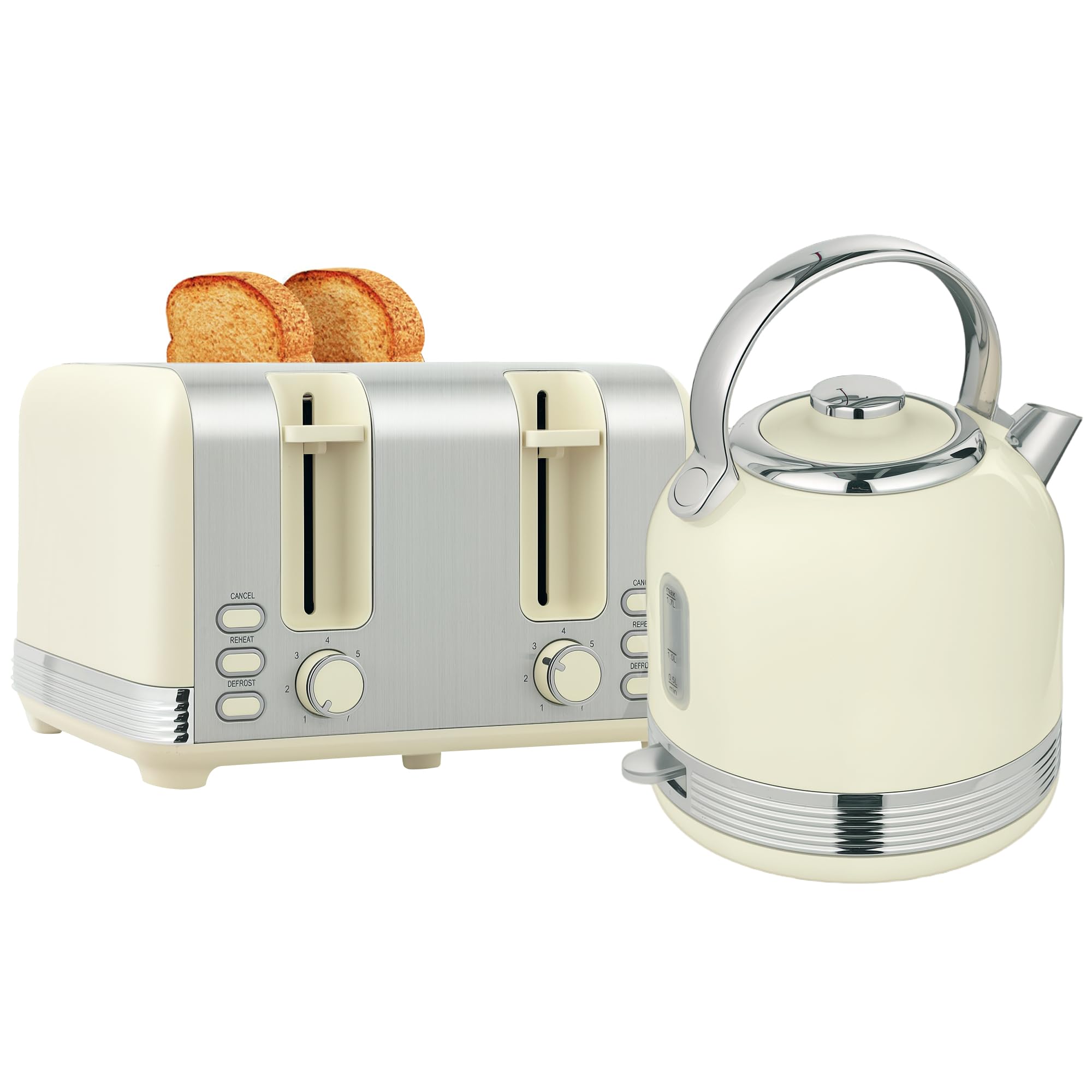 HOMCOM Stainless Steel Kettle and Toaster Set, 1.7L 3000W Cordless Fast Boil Kettle, 4 Slice Toaster Kitchen Set with 7 Level Browning Controls, Defrost, Reheat and Crumb Tray, Cream White