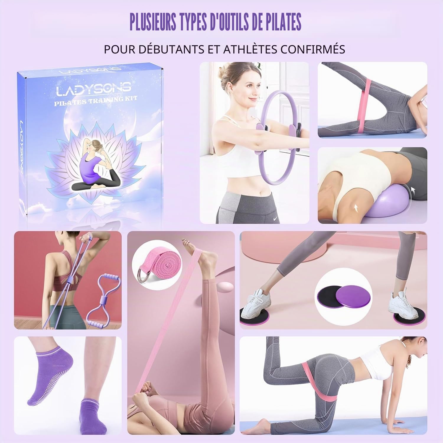 Ensemble de bagues Pilates Essential Kit avec Magic Circle 32 cm, Ball, Bänder, Sliding Disks & Training Poster pour fitness à la maison