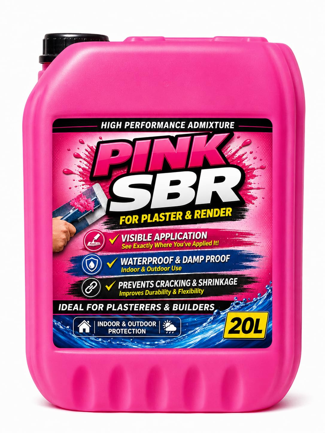 PowerChem 20L Pink Plasterers SBR Bonding Agent & Waterproof Admixture - Visual Coverage Control Plaster Primer | Seals Damp Proofs & Prevents Cracks | For Internal & External Render
