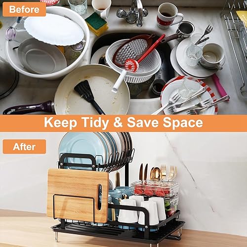 Miniatura 6 de Escurridor de platos para encimera de cocina, escurridor de platos de 2 niveles con escurridor desmontable, juego organizador de escurridor a prueba