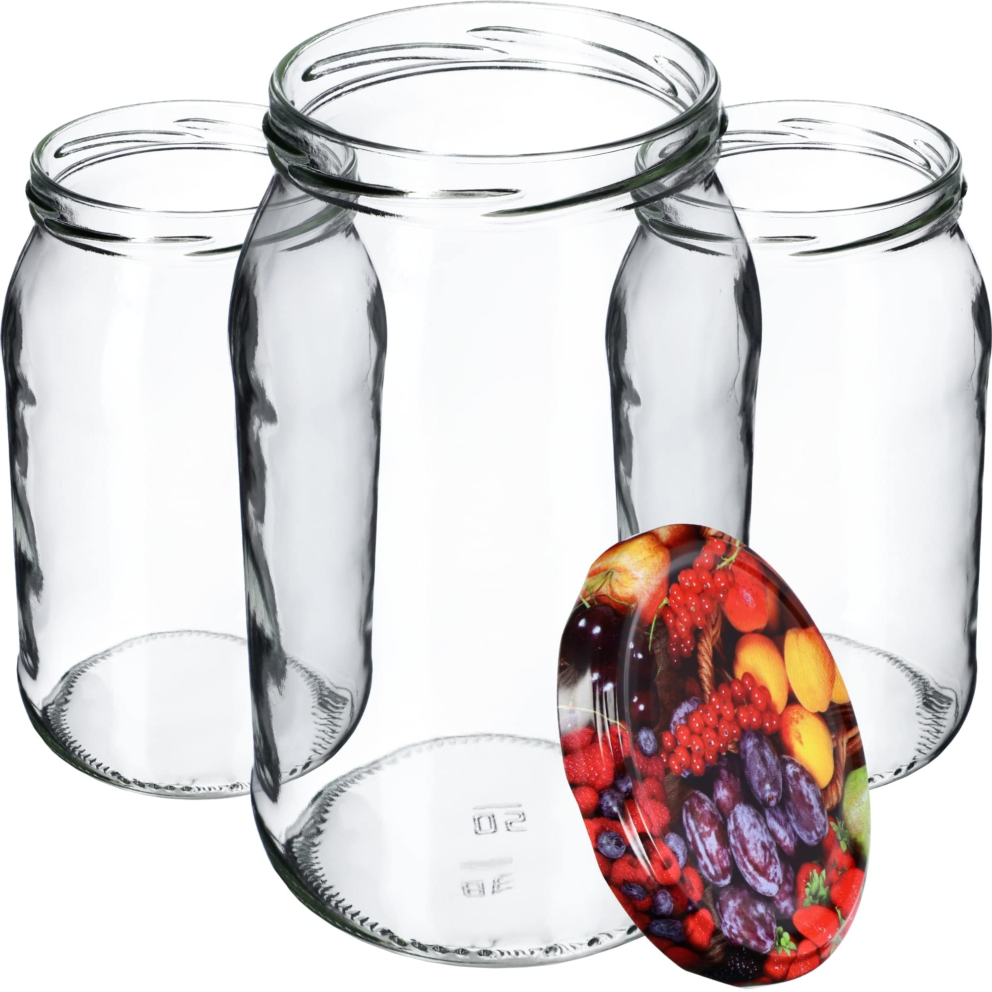 KADAX Lot de 48 grands bocaux en verre 900ml Ø82 Fruits – couvercle à vis hermétique, pour conserves, cornichons, légumes lacto-fermentés et confitures maison