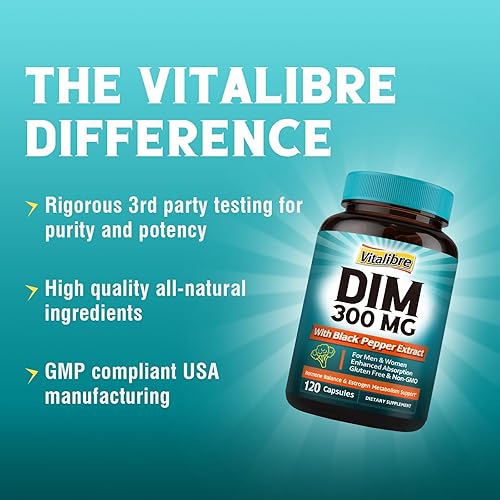 Miniatura 6 de Suplemento DIM para mujeres y hombres, metabolismo de estrógeno, equilibrio hormonal y apoyo a la menopausia, DIM 300 mg con extracto de pimienta