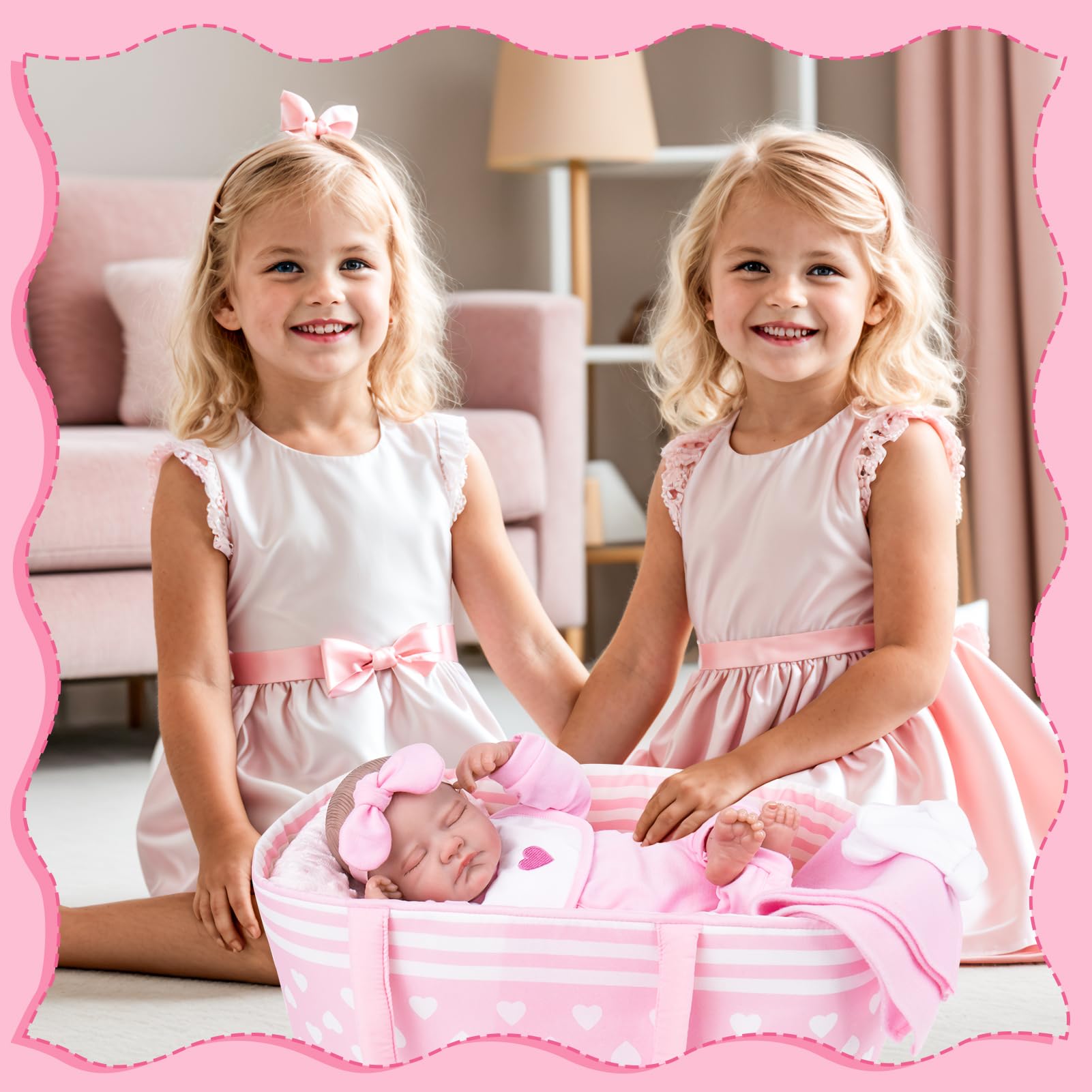 Reborn Baby Dolls Moisés plegable para muñecas de bebé, cama portadora de muñecas suave, accesorios con asa para muñecas de 17 a 22 pulgadas (rosa) 3