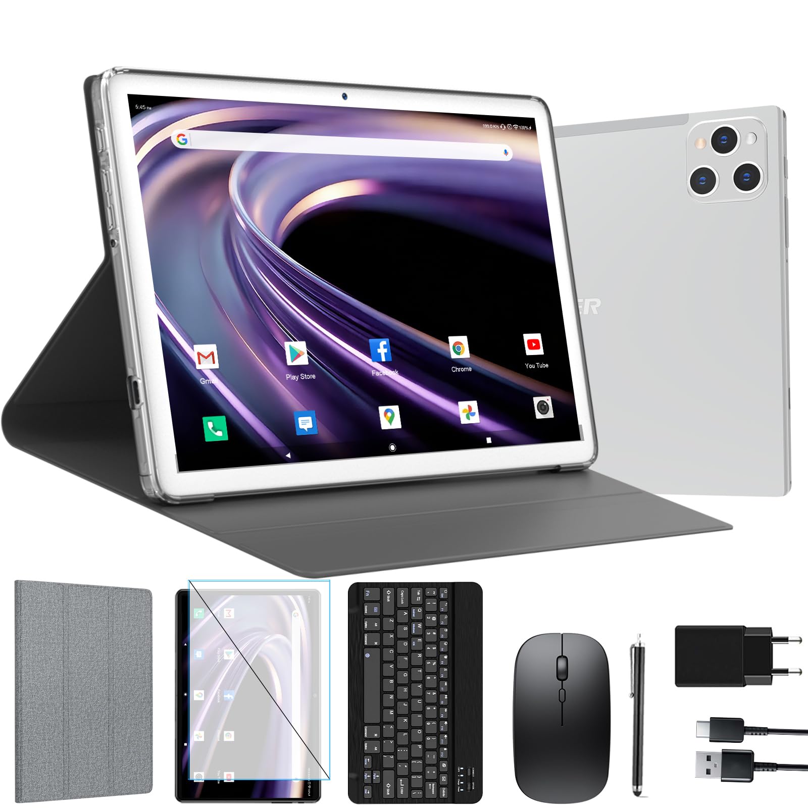 ANTEMPER Tablet 10 Pollici, 2024 Newest Android 13 Tablet PC, Octa-Core 16GB RAM+128GB ROM (1TB TF), 5G WiFi, Bluetooth 5.0, GPS, Tablet 2 in 1 con Tastiera, Penna, Mouse, Argenteo
