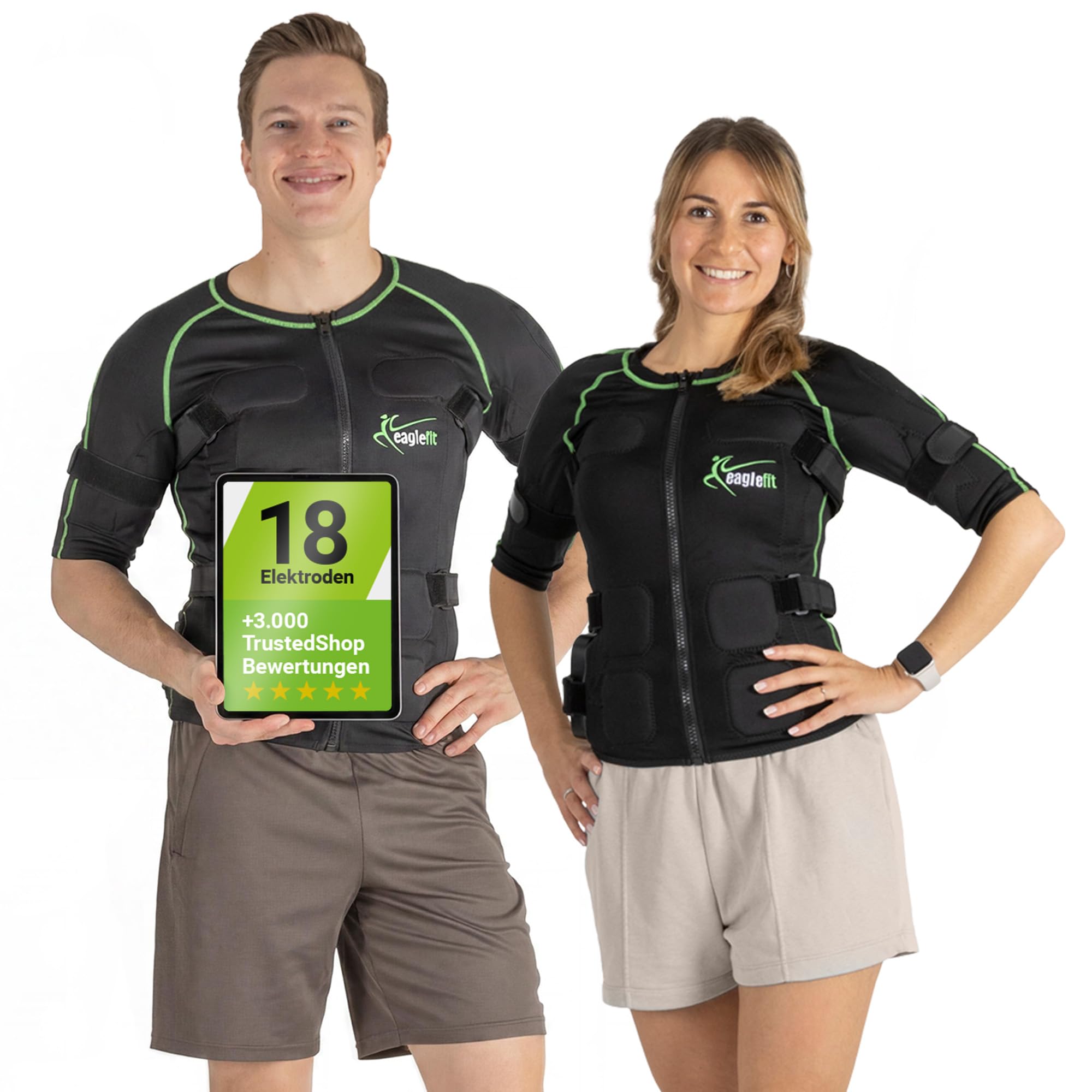eaglefit Gilet EMS Sistema Completo con 18 Elettrodi – Allenamento Parte Superiore a Casa – Trainer Addominali e Schiena, Sviluppo Muscolare, Elettrostimolazione per Donna e Uomo con App e Centralina