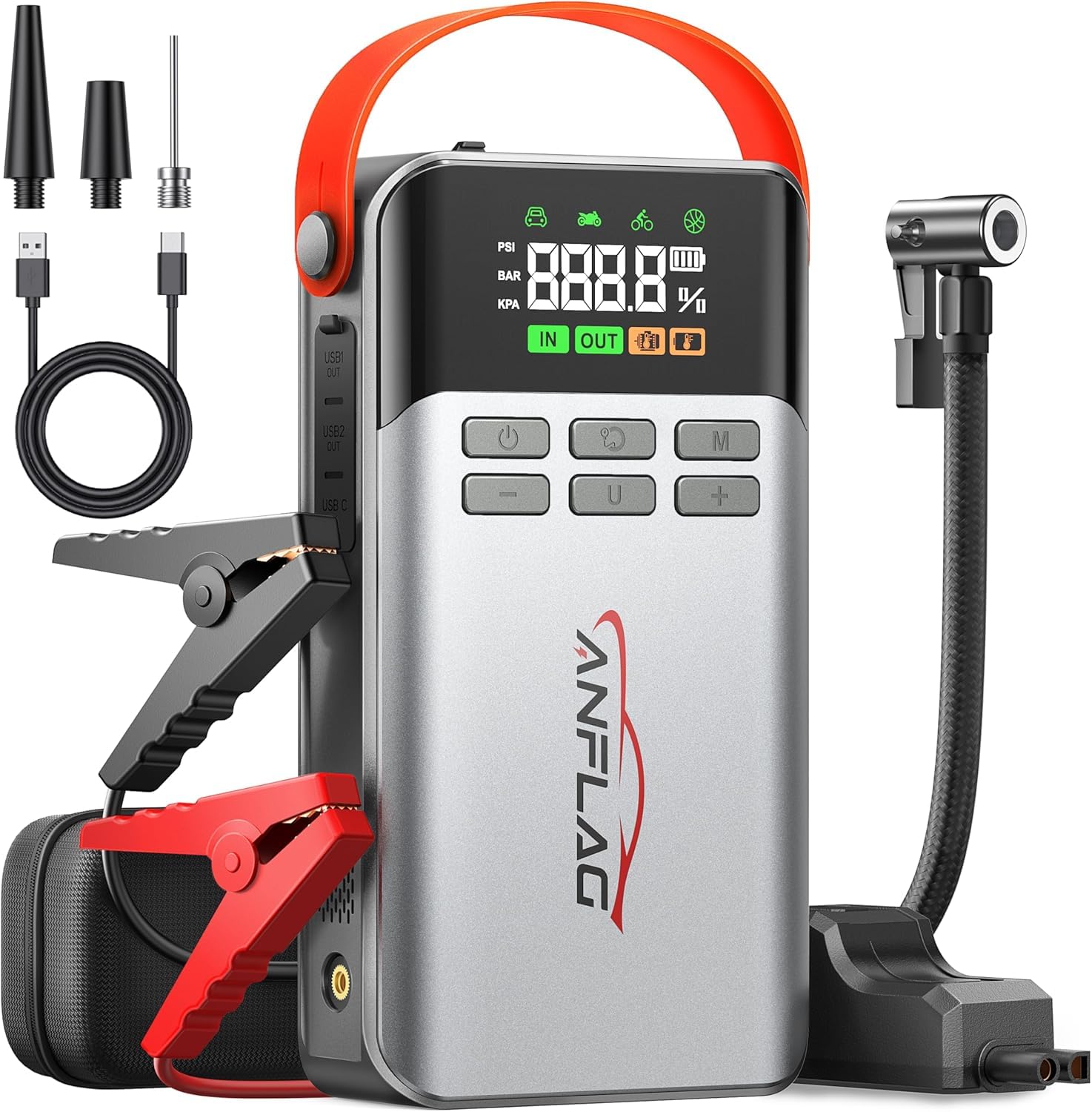 Starthilfe Powerbank für Pkw mit Kompressor 150PSI, ANFLAG 5500A Auto Starthilfe Powerbank für All Benzin und 12.0L Dieselmotor, Starter Powerbank mit Zwangsstart, Taschenlampe und LCD Bildschirm