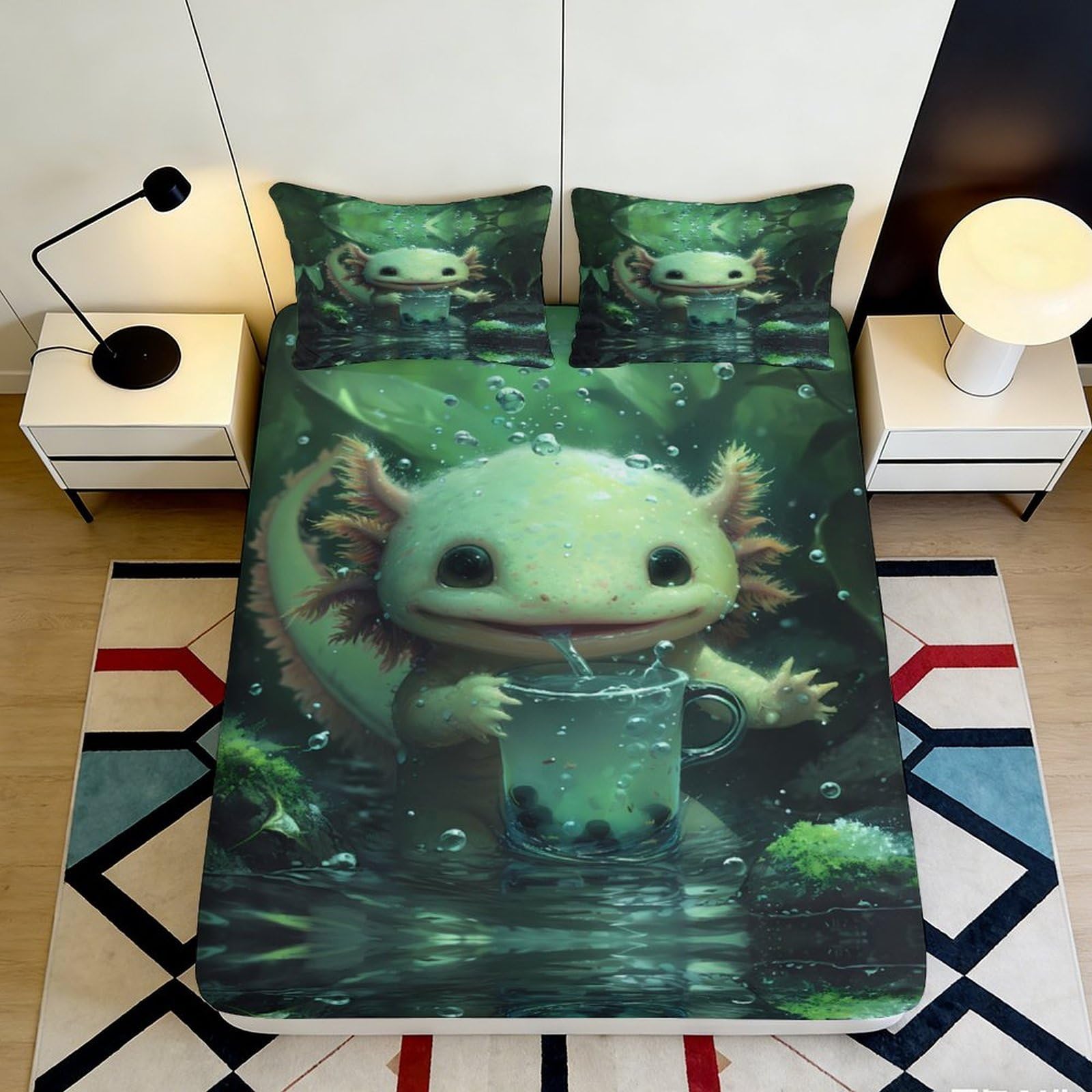 3D Printed Axolotl Forest Fitted Sheet Microfiber Non-Slip Mattress Cover for Bedroom Dorm Bed Protection Decor 180x200x25cm
