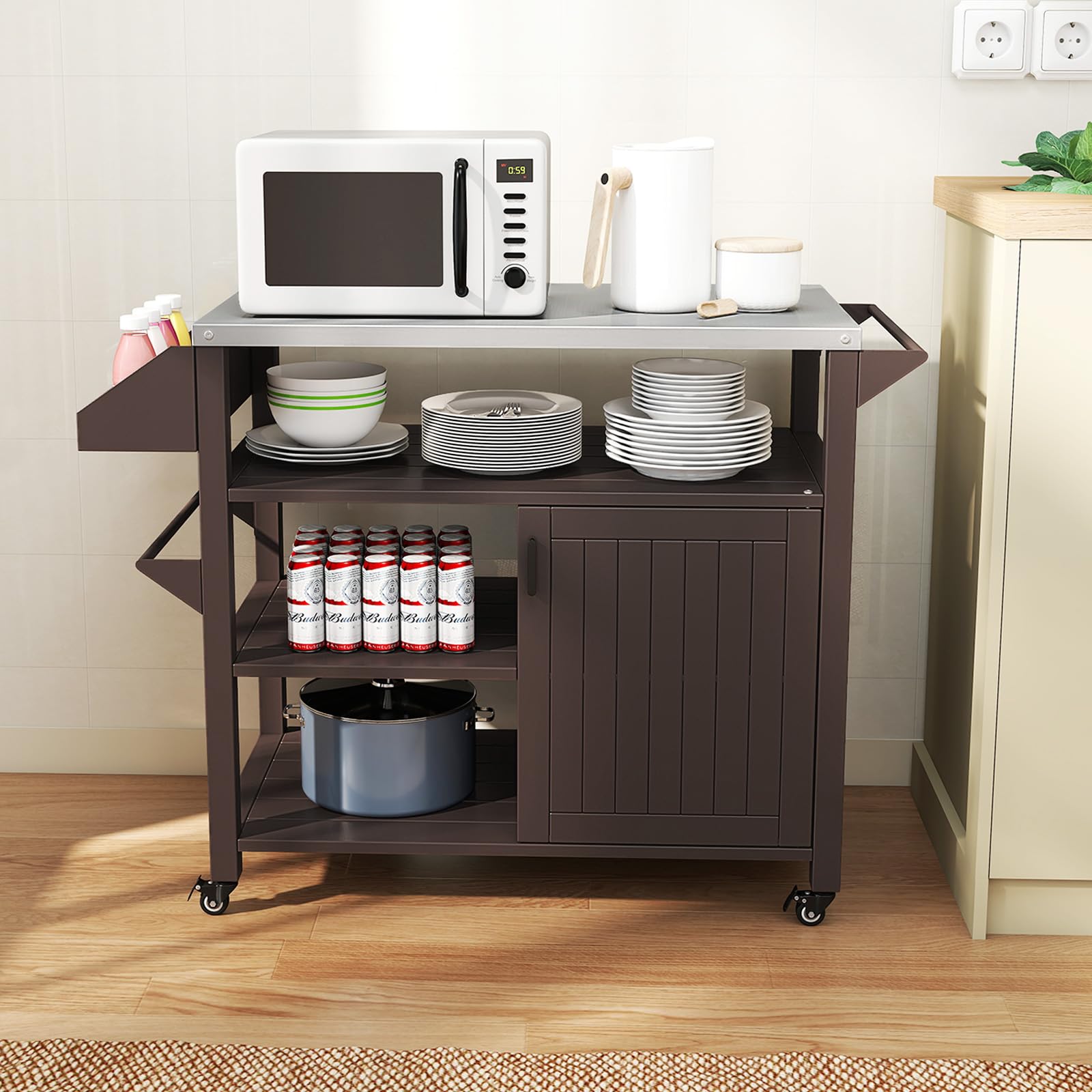 COSTWAY Carrito de Barbacoa con Estante Abierto y Armario, Cocina Exterior con 4 Ruedas 360°con Freno, Encimera de Acero Inoxidable, Mueble para BBQ para Picnic, Fiesta, 116 x 50 x 87 cm
