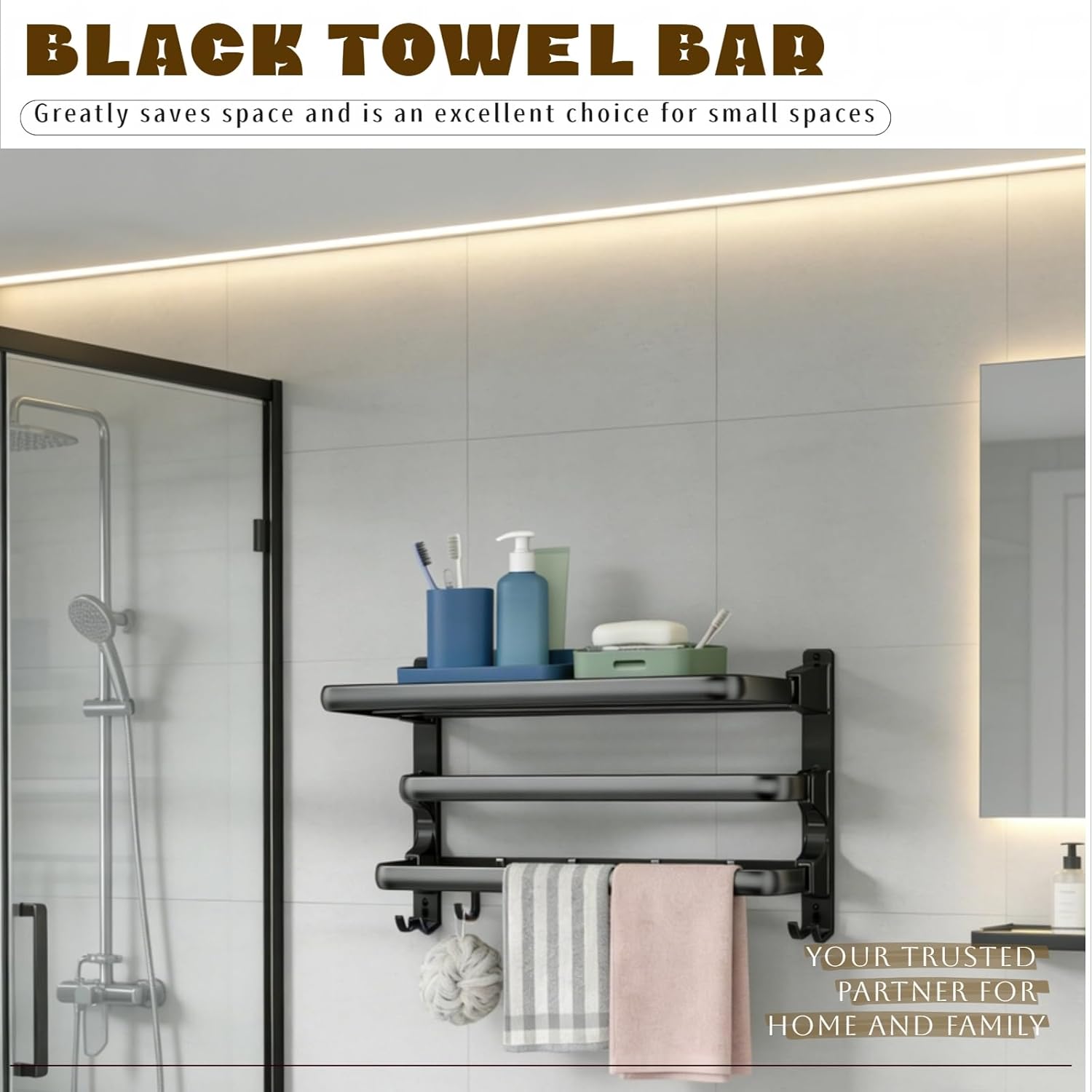 Towel Rack Wall for Bathroom Lavatory Hotel, 24 Inch Foldable Towel Shelf with 2 Towel Holder Bar and 7 Hooks, Black Matte Towel Storage Organizer Mounted, Drill-in or Adhesive Installation
