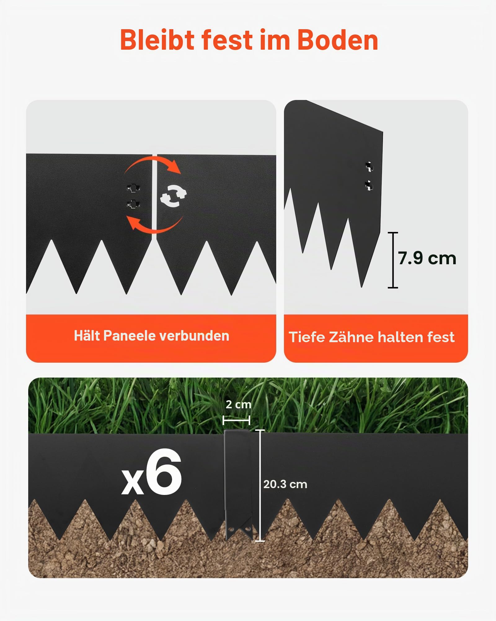 VEVOR Rasenkante 6er-Pack 1016x203 mm, Beeteinfassung mit 6 Befestigungsclips, Biegsame Rasenbleche aus Verzinktem Stahl, Mähkante, Palisade Beetumrandung für Blumenbeete & Gartenwege, Schwarz