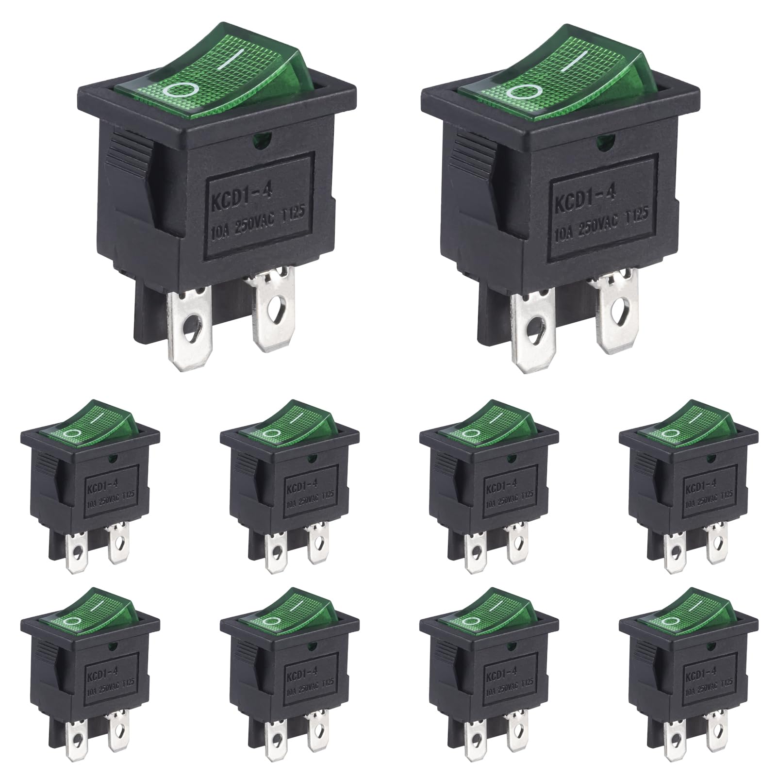 VEXUNGA Kippschalter Ein-Aus Schalter 4 Polig Wippschalter 10A 250VAC Grün Leuchtend Einbauschalter 4 Terminals 2 Positionen Boot Rechteck Switch (10 Stück)