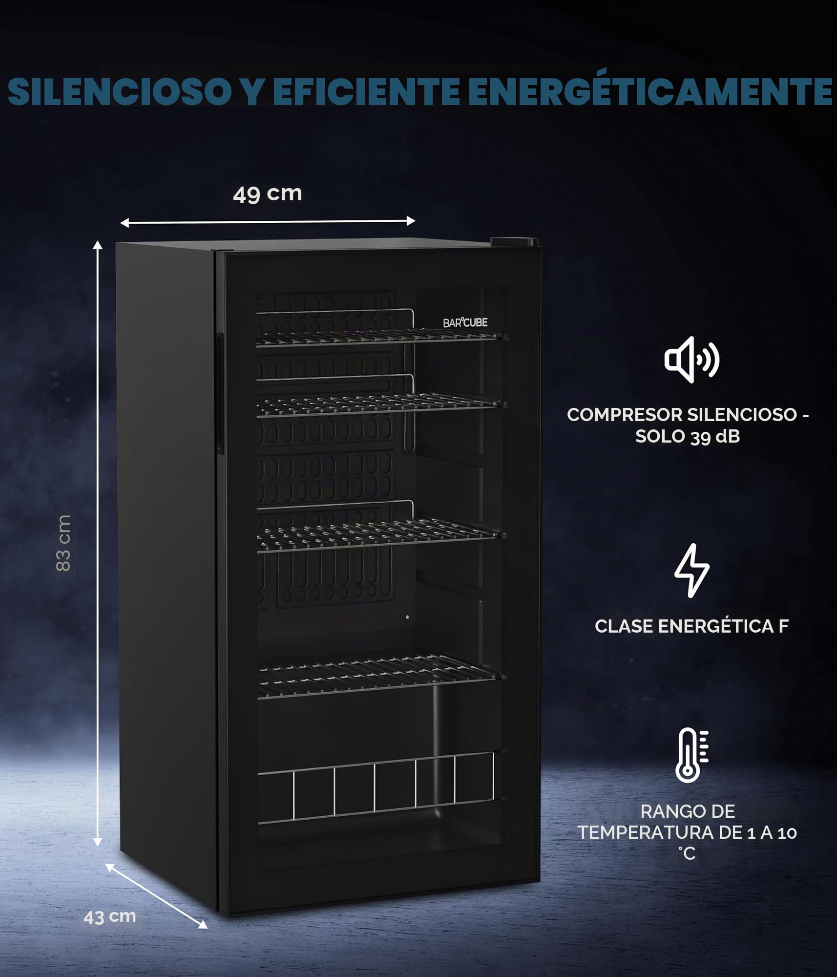 °CUBES Frigorífico para bebidas BAR 90L, frigorífico con puerta de cristal, con 4 estantes