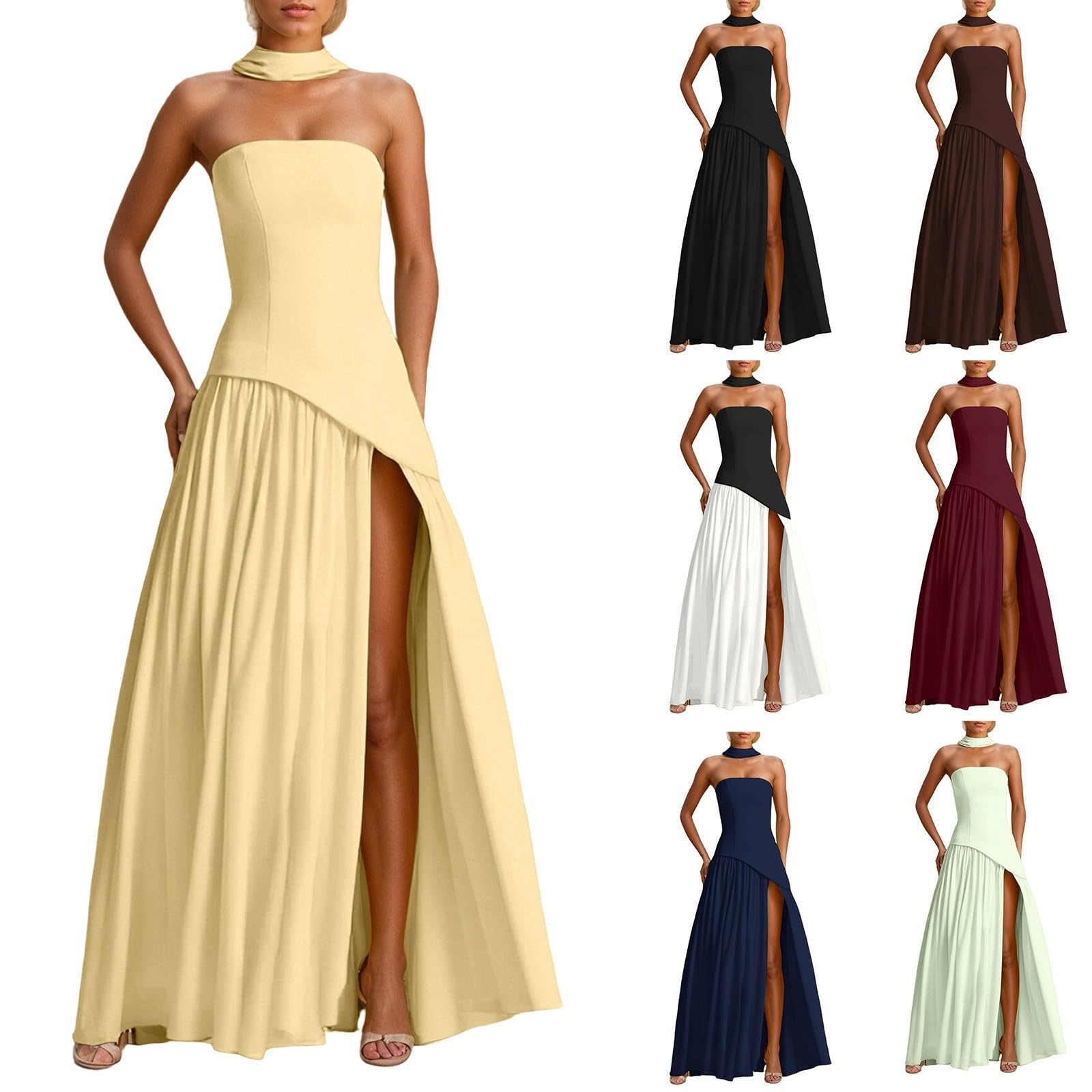 Vestido de noche para mujer, hombros descubiertos, sin tirantes, vestido de cóctel con bufanda sin espalda, maxi vestido con abertura alta, boda, invitado de graduación, fiesta, elegante