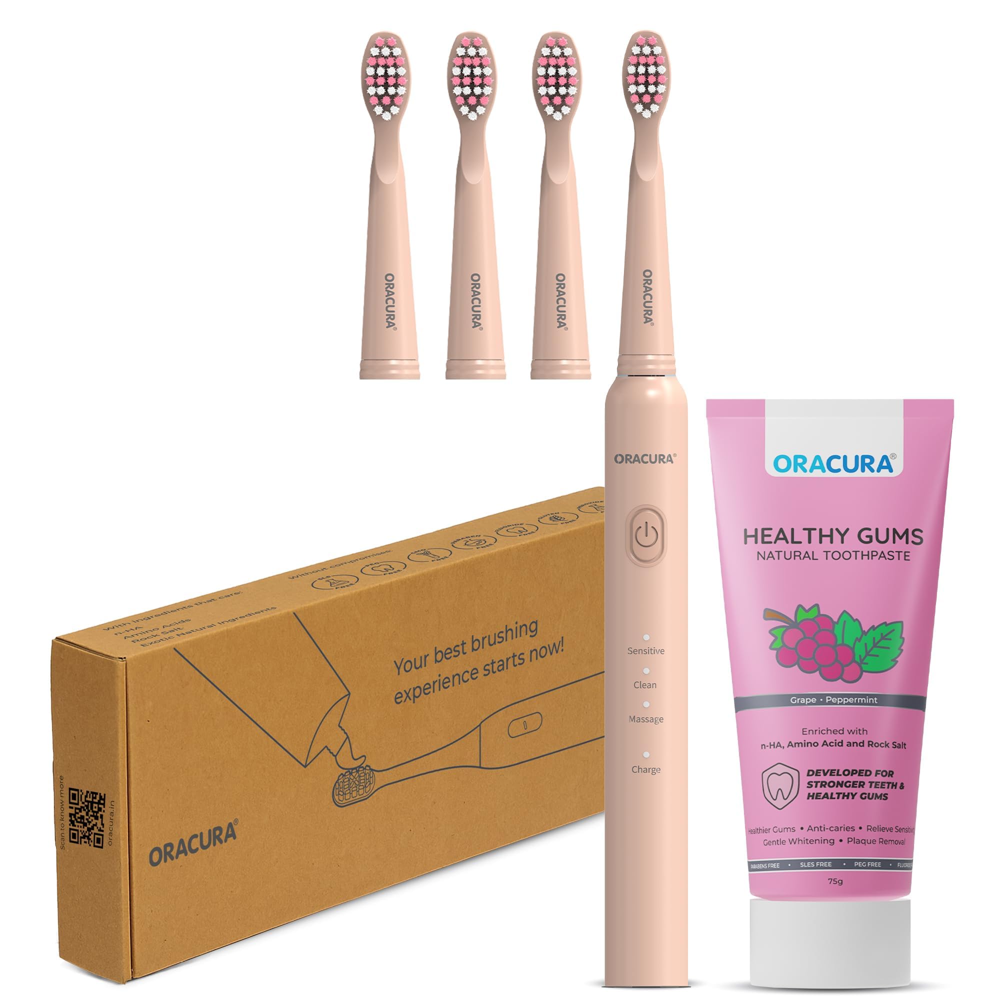 ORACURA® SB200 Peach Smart Sonic Toothbrush for Men & Women + Smart Sonic Electric Tooth Brush with 3 Brush Heads + Healthy Gums Natural Toothpaste (Grapes)