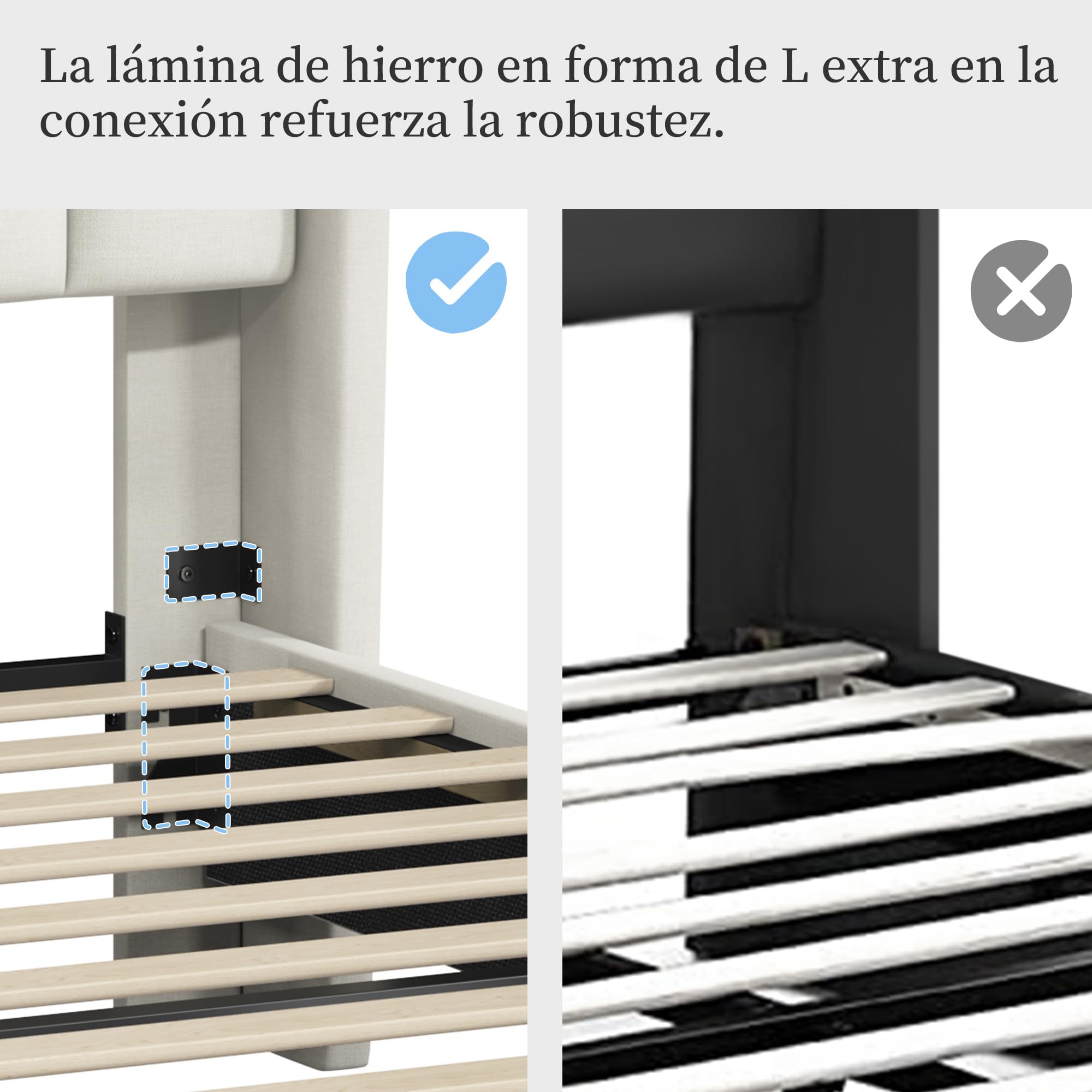 Yaheetech Cama Doble Tapizada 140 x 200cm con Somier de Lamas con Cabecero Rayado Moderno Estructura de Madera y Metal Marco de Cama para Adultos 2 Personas Beige