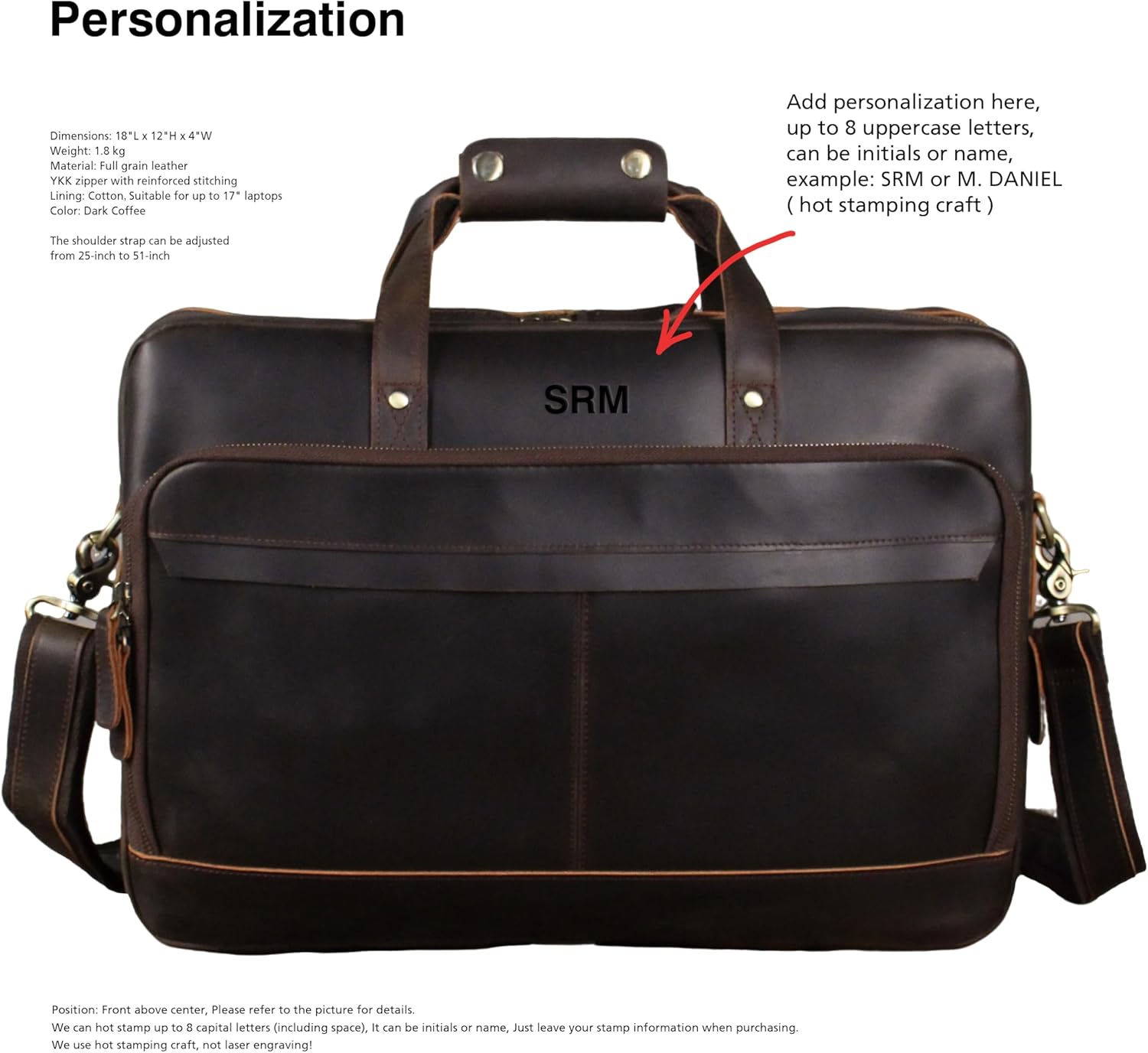 Personalized 18" Full Grain Leather Briefcase, Custom Monogram Laptop Bag, Hot Stamping Name & Initials Business Executive Work Bag Gift | full grain leather