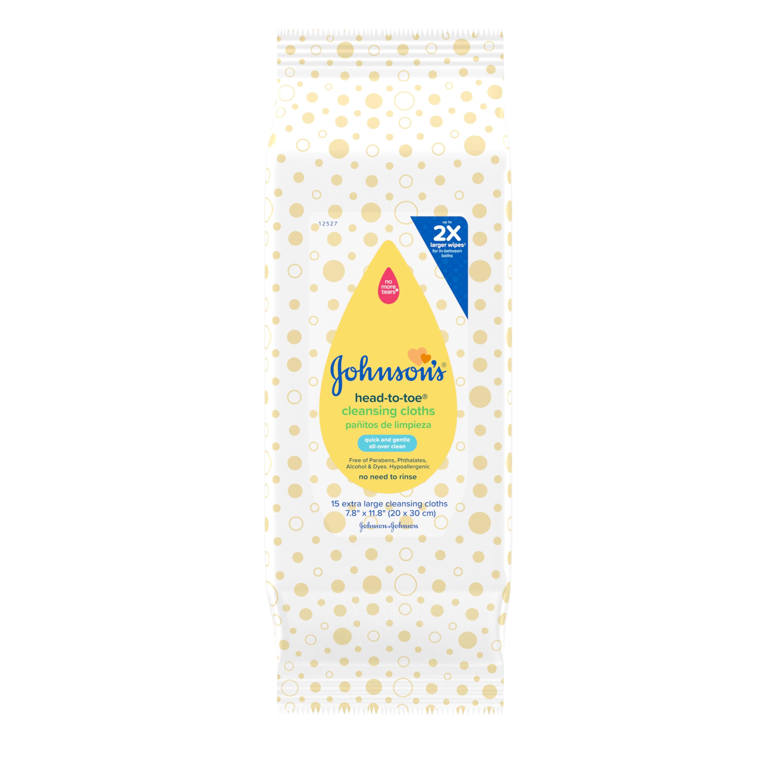 Johnson's BabyHead-to-Toe Gentle Cleansing Cloths, No Rinse, Disposable Pre-Moistened Baby Bath Wipes, Hypoallergenic Newborn Essentials, Head-to-toe Wipes, Paraben-Free 15 ct