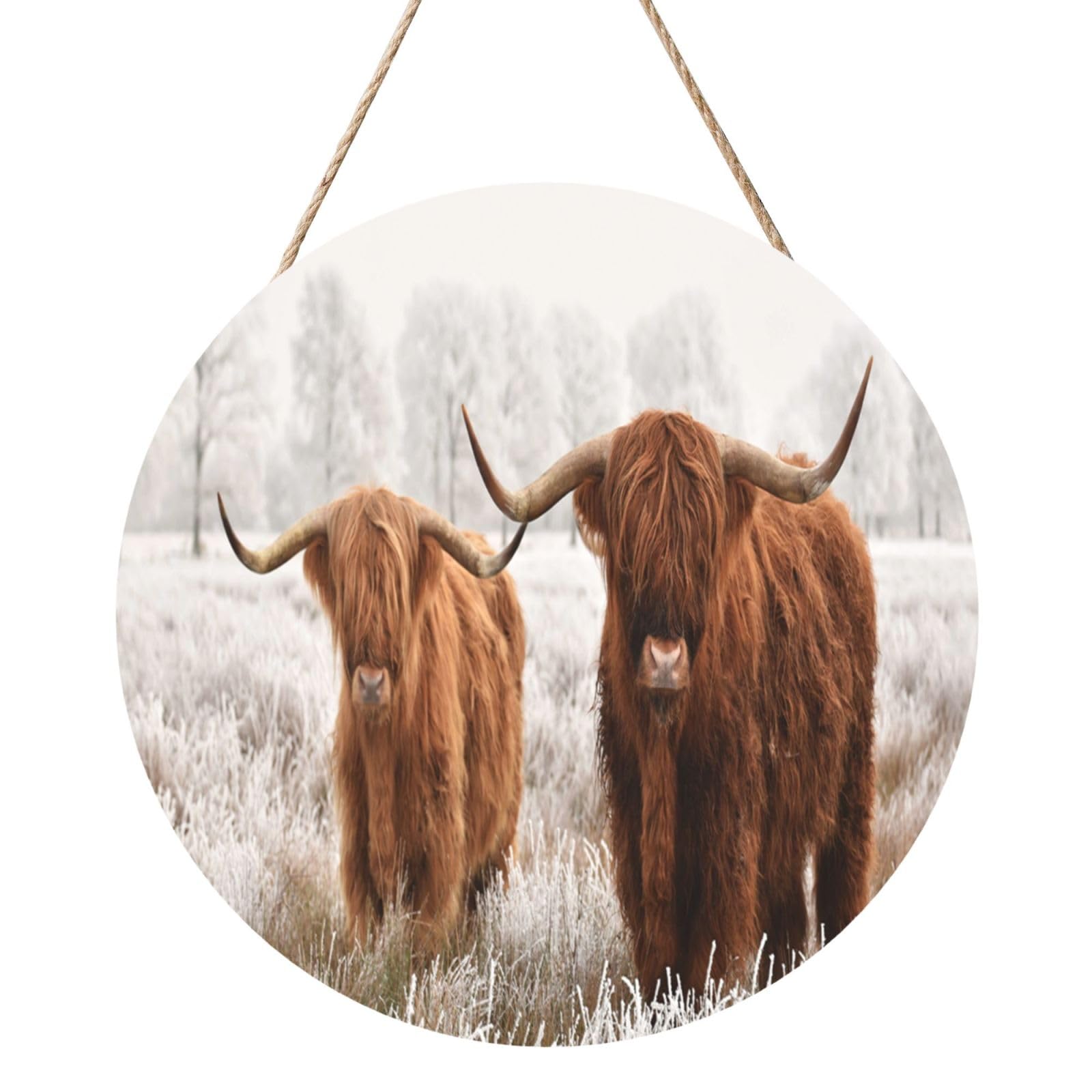 InOmak Winter Snow Scottish Highland Cow, Round Wood Panel Painting 12 in, Wall Hanging Painting For Home