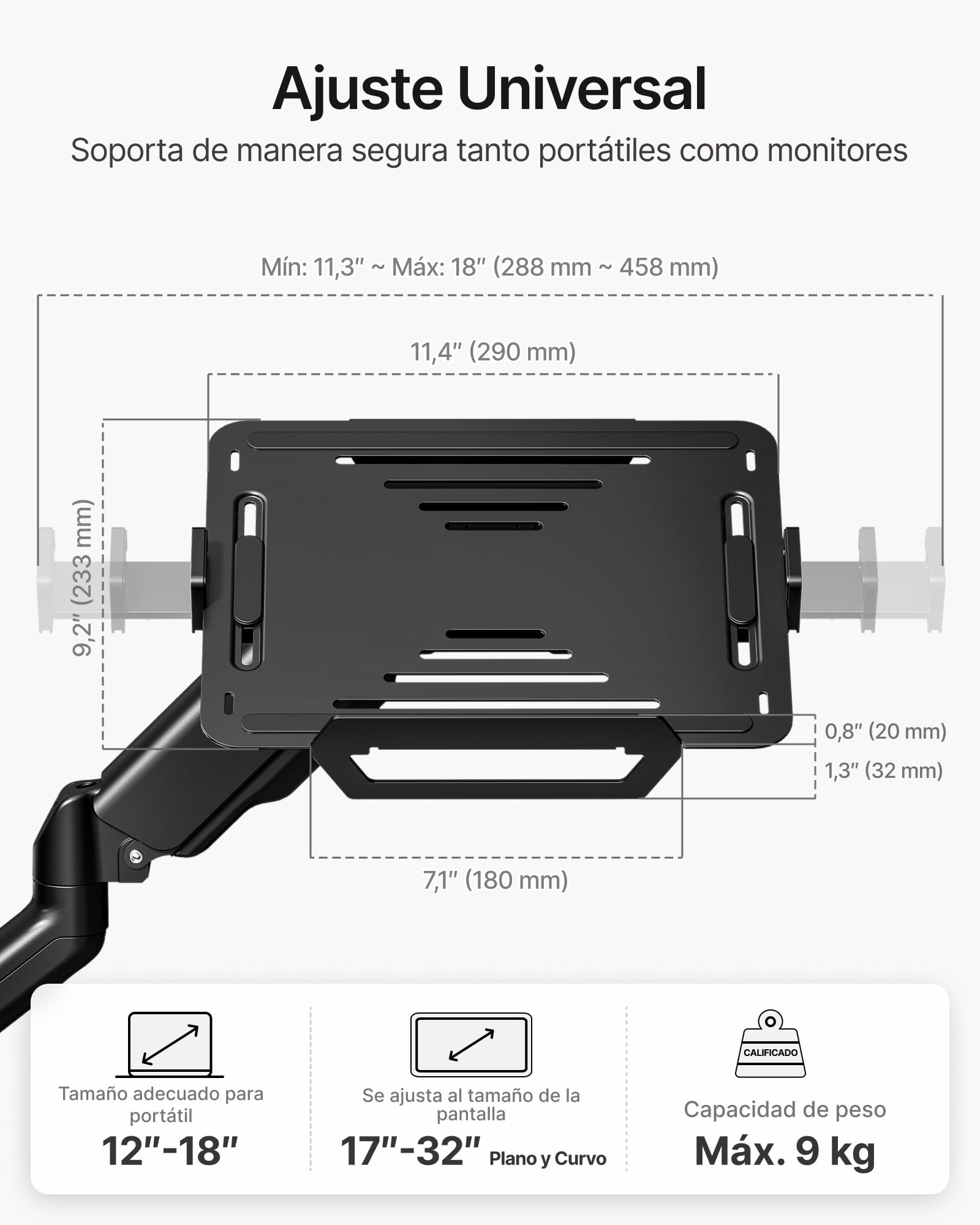 monTEK Soporte Pared 2en1 Monitor 17-32" Portátil 12-18", VESA 75/100 | hasta 9kg，Bandeja portátil ajustable ergonómica, montaje mural sencillo, disipación calor, ideal para oficina y hogar