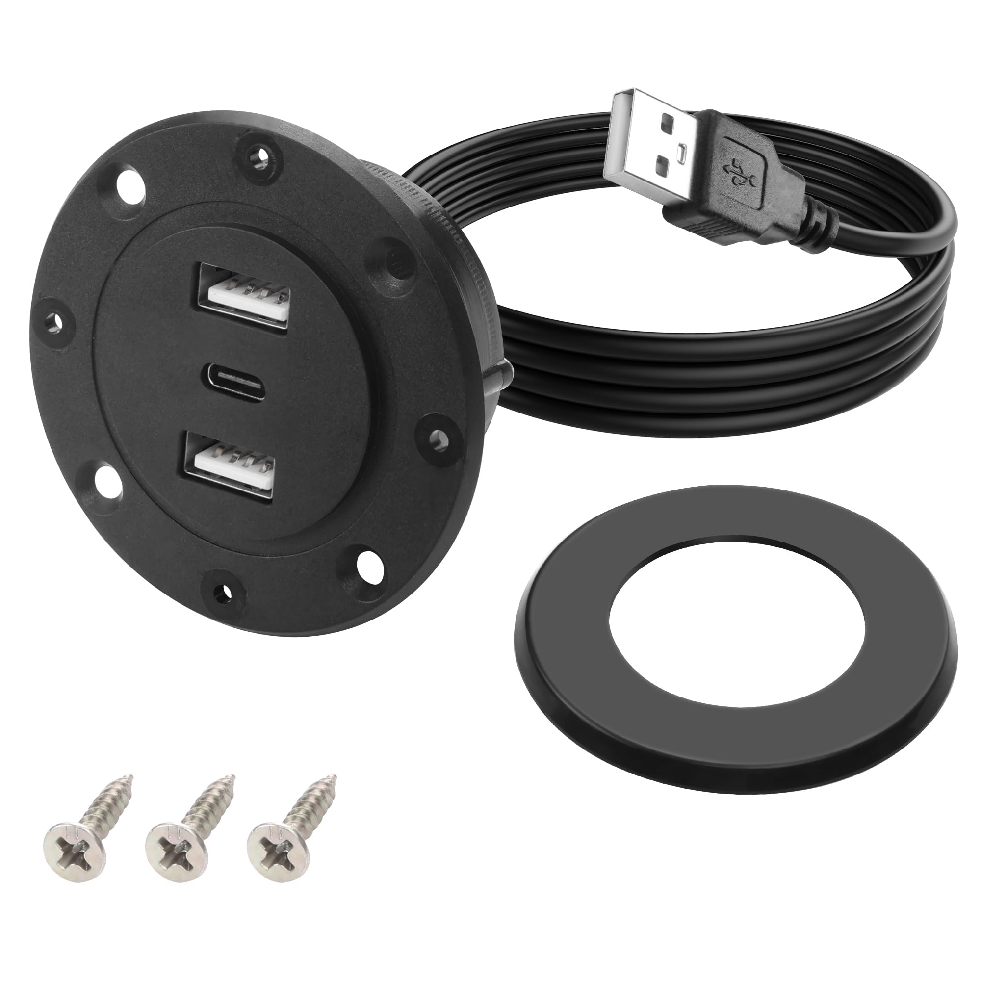 MEIRIYFA 3-in-1 Desktop Power Embedded Charger USB/Type C Desktop Station Mounts Charging Dual USB Multifunctional Desk USB Hub with 6.56 FT Power Cord for Bedside Table, Desks, Furniture