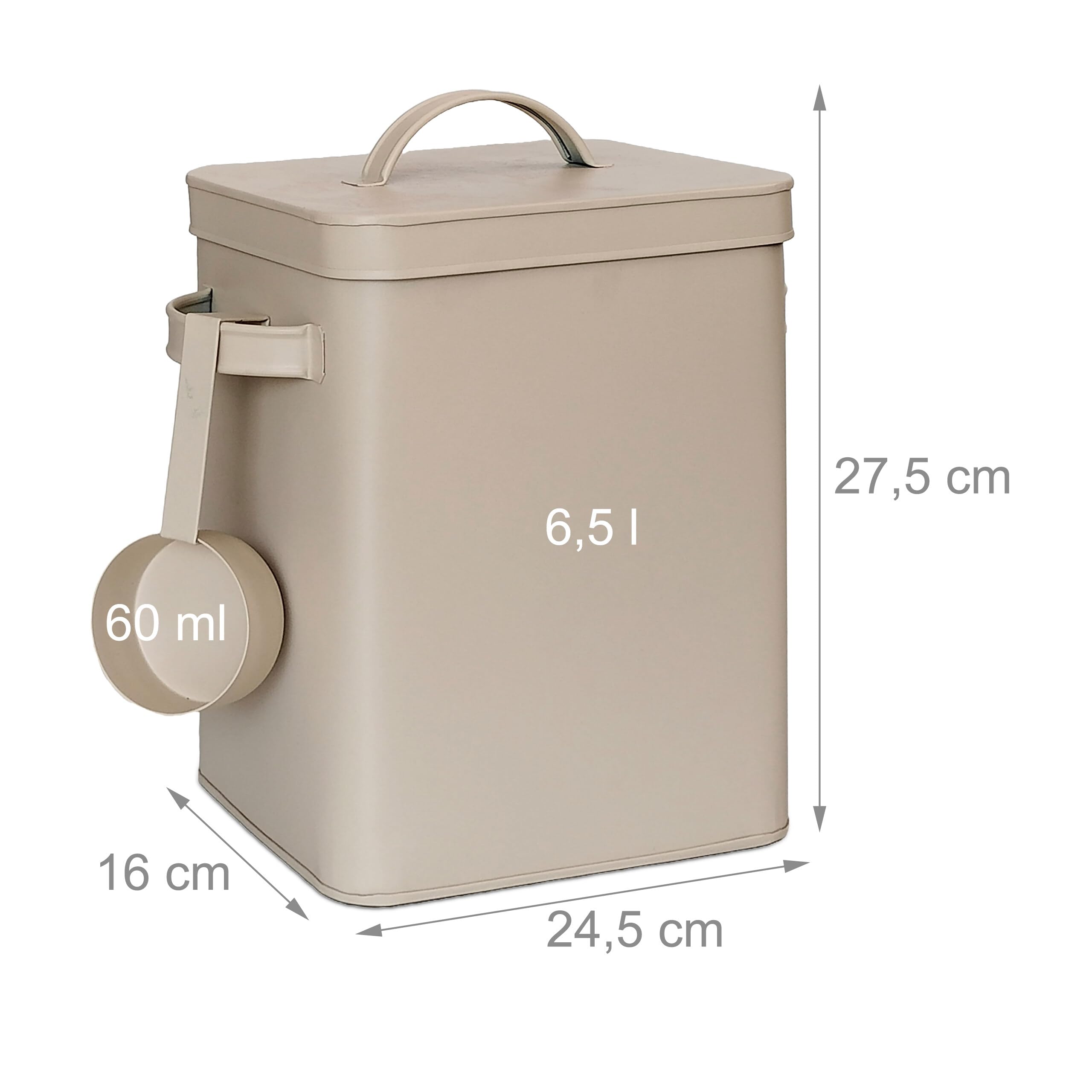 Scatola di Metallo Relaxdays, 6,5 L, con dosatore, per Cibo Animale e caffè, ermetica, Scatola per detersivo, Beige