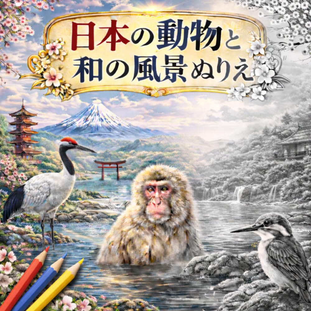 日本の動物と和の風景ぬりえ: 四季の景色にたたずむ動物たちの癒やしのぬりえ