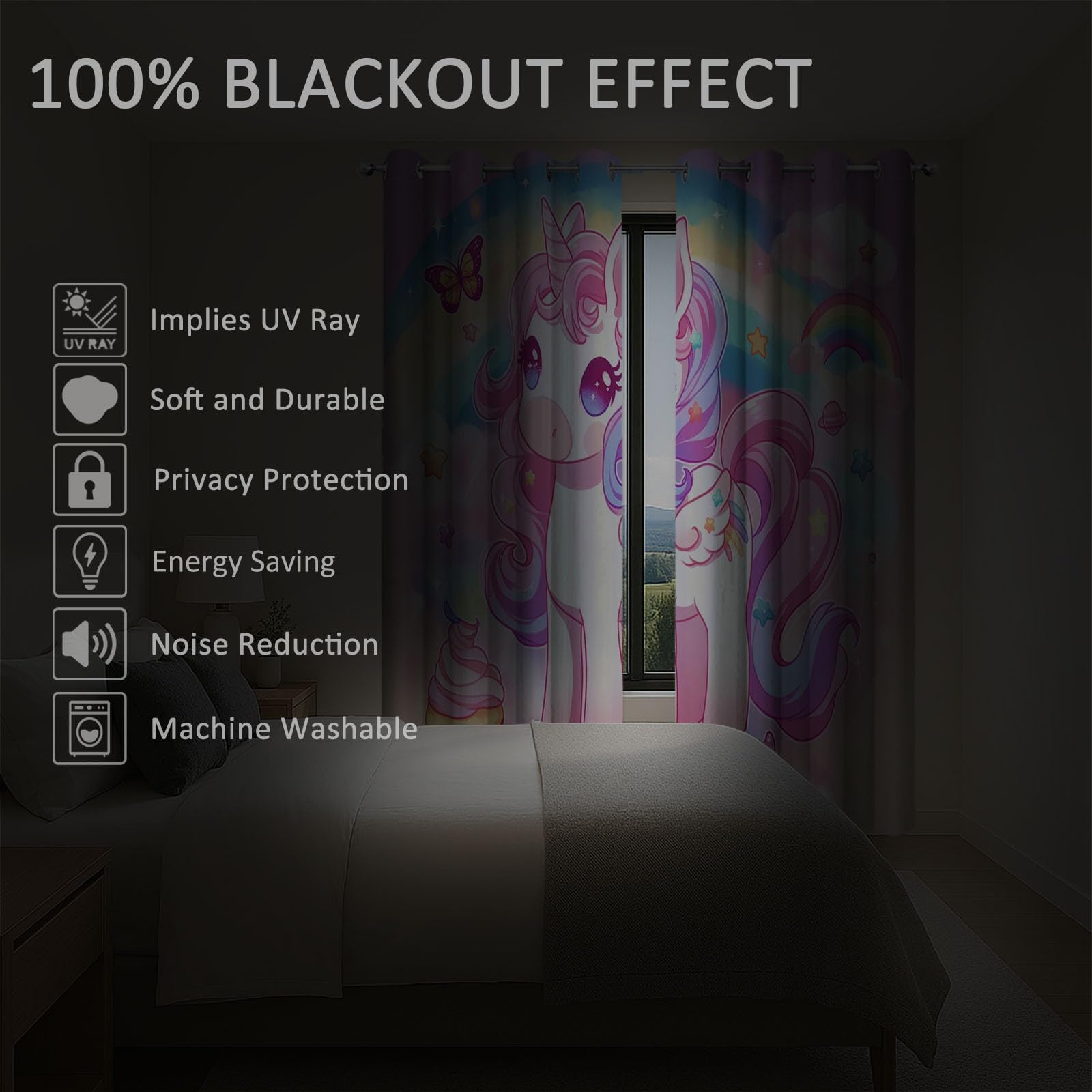 Rideaux Occultants Thermiques Dessin Animé Mignon Licorne Arc-en-Ciel Rose, Rideaux Opaques à Œillets pour Salon et Salle à Manger, Isolation Thermique Moderne, L117 x H138 cm, Lot de 2
