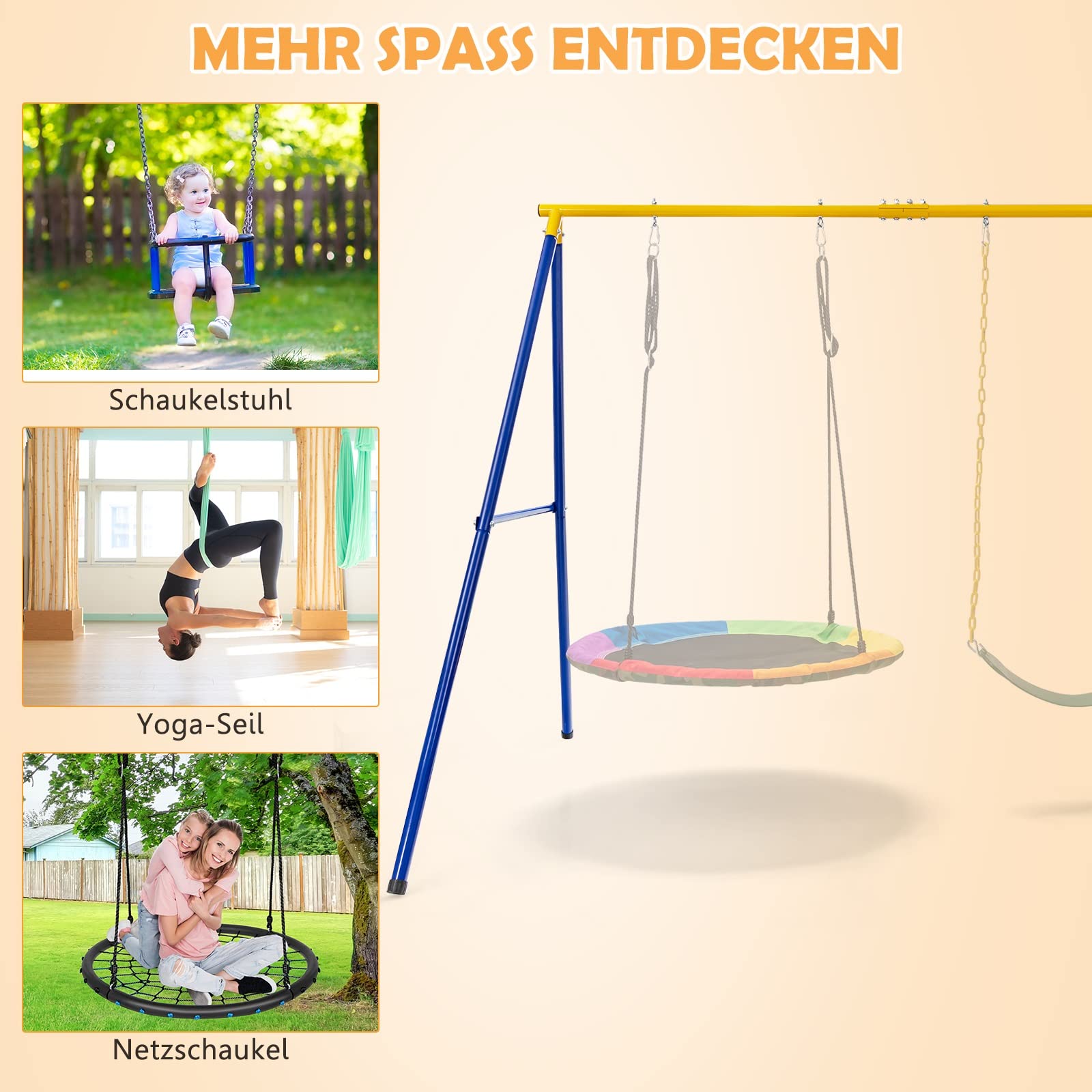 COSTWAY Doppelschaukel mit Gestell, Outdoor Schaukel für Kinder, Schaukelgestell mit Kinderschaukel und Nestschaukel, Schaukelgerüst bis 300 kg belastbar (2 Schaukel mit Gestell)