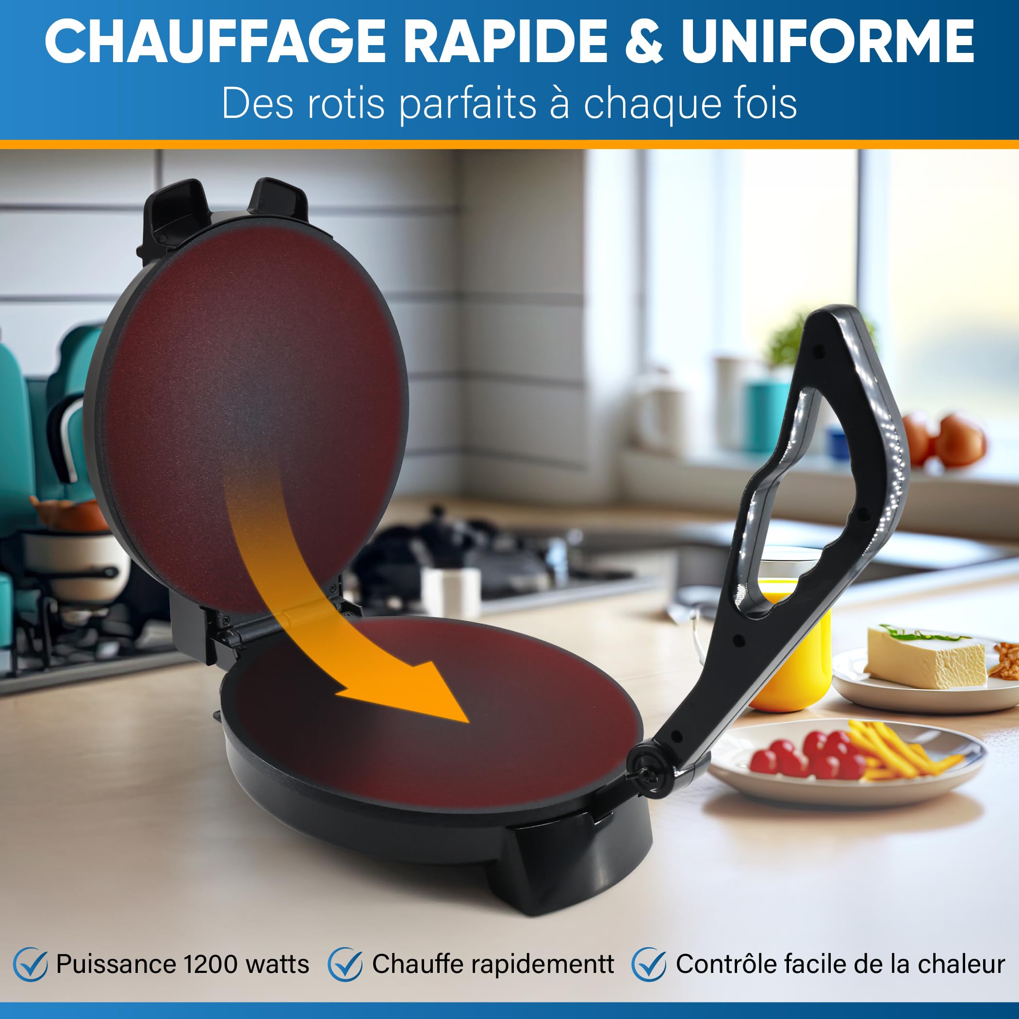 StarBlue Machine à Roti 25,4 cm avec chauffe-roti gratuit et poignée amovible – Chapati, tortilla, Roti AC220-240 V 50/60 Hz 1200 W, prise européenne
